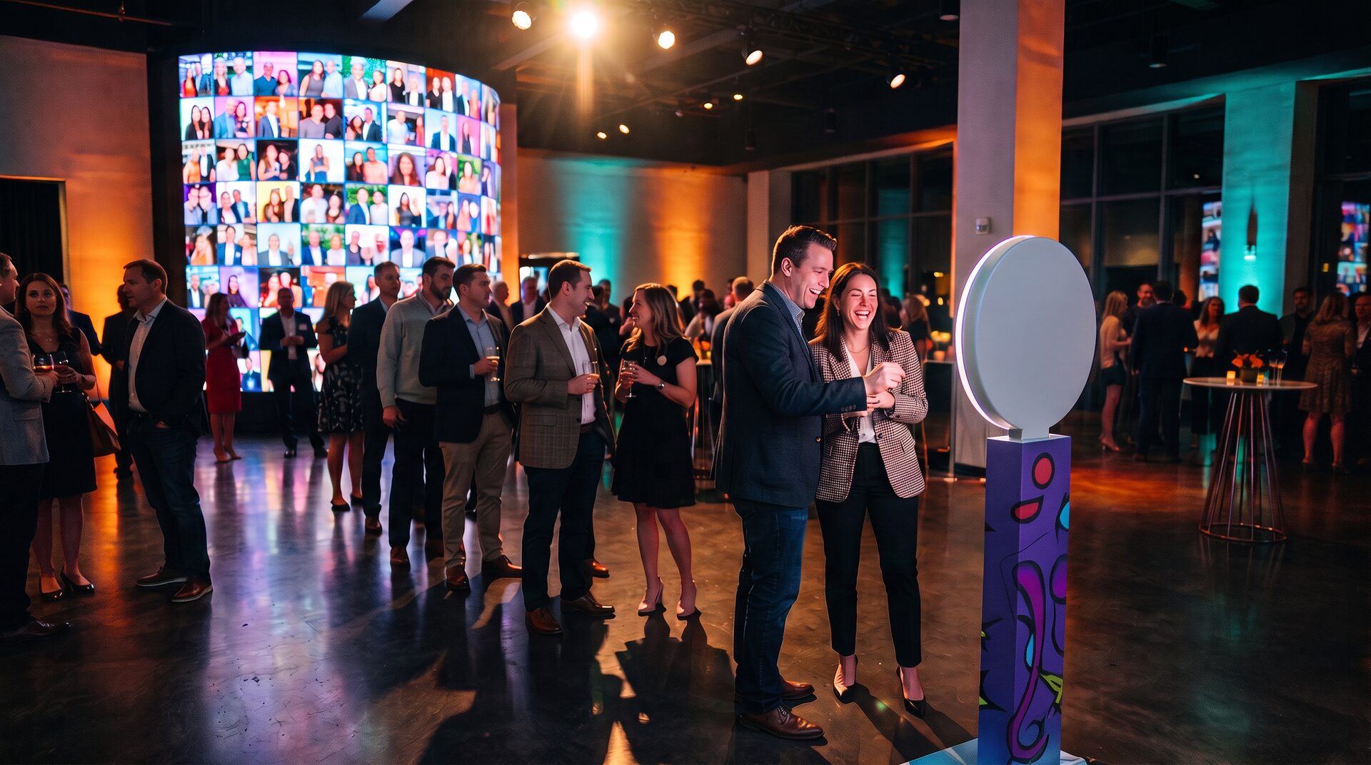 Two colleagues laugh at a photo booth kiosk facing them while guests mingle in a modern event space with a live gallery wall behind
