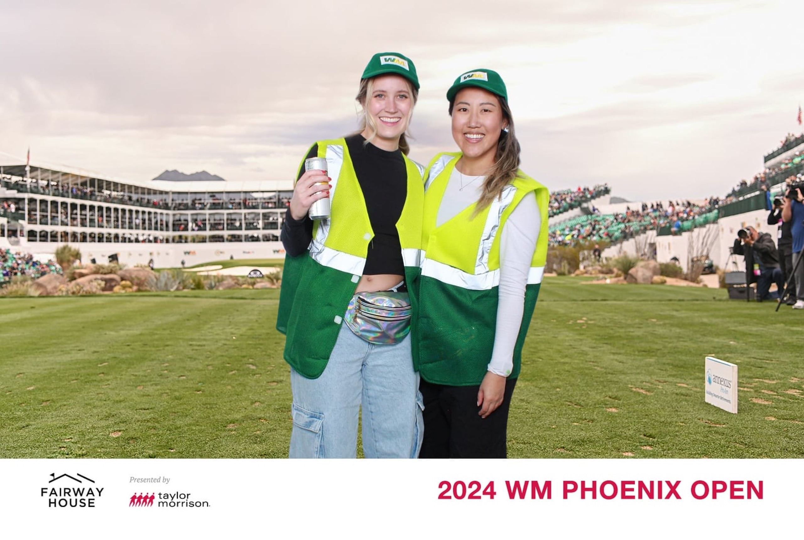 Guests swinging golf clubs on the famous 16th Hole in a Taylor Morrison branded green screen photo from the 2024 Waste Management Phoenix Open