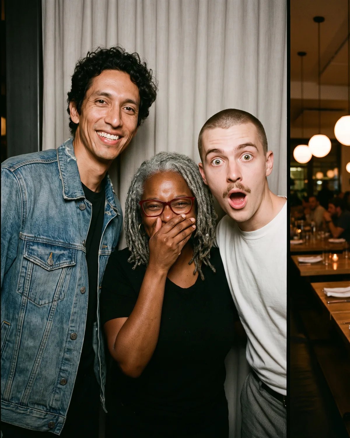 Three coworkers at a team offsite dinner