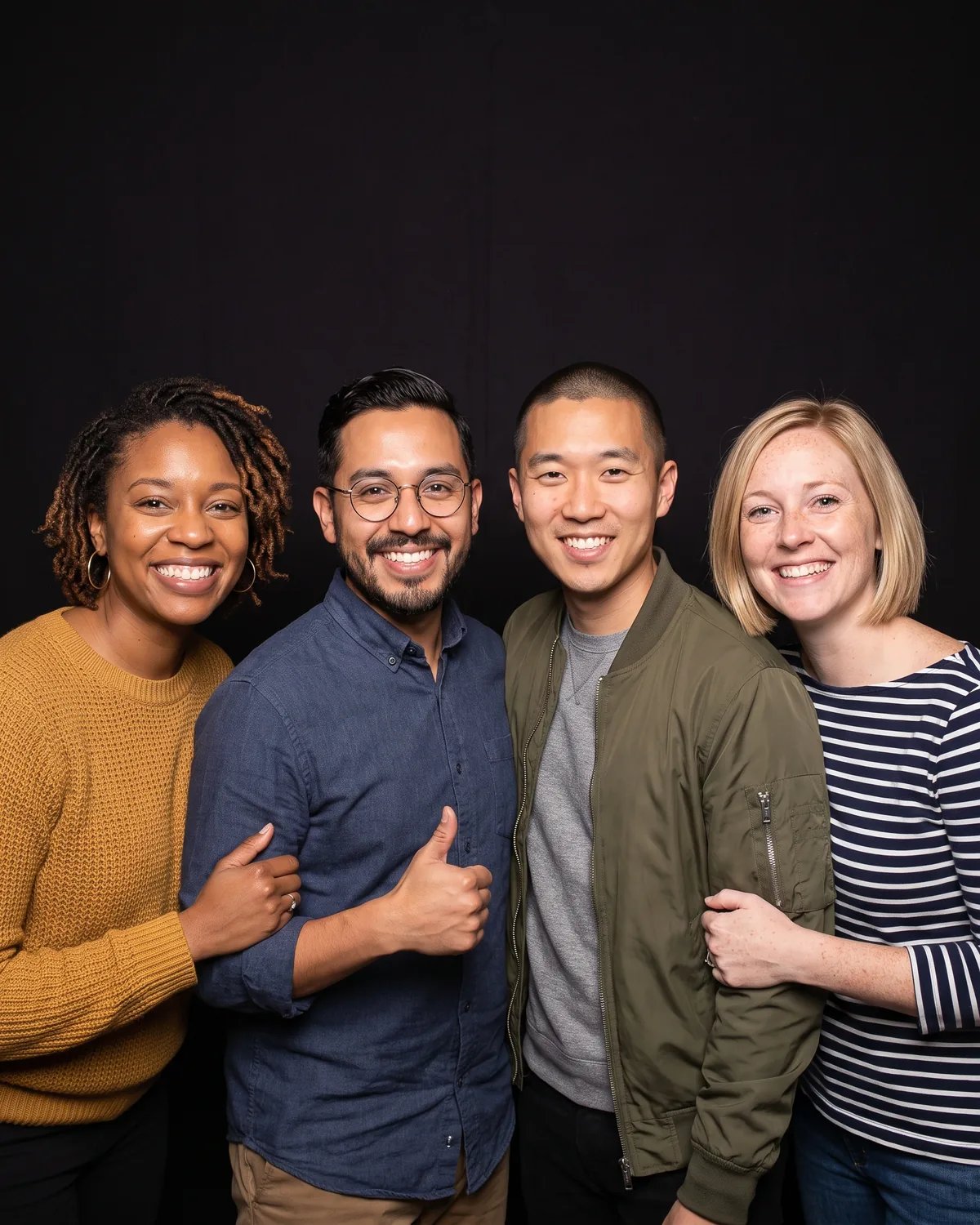 Four friends at a college reunion with their arms around each other, one giving a thumbs up