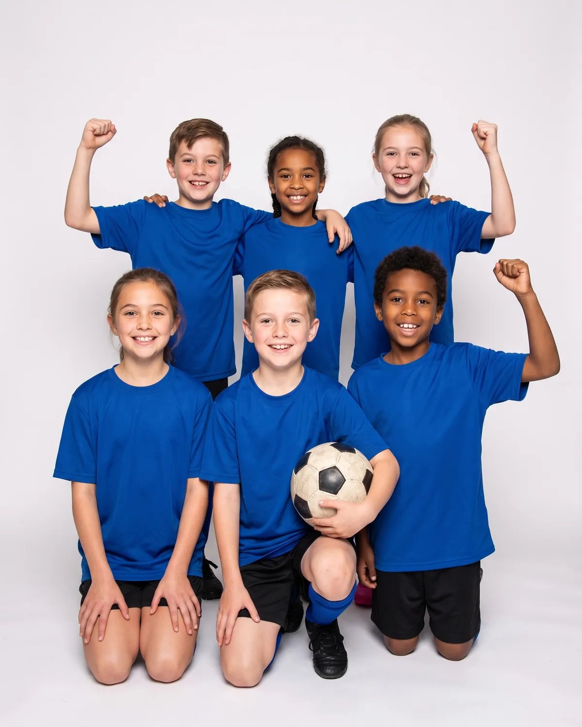 Six kids in blue soccer jerseys cheering at their end of season party