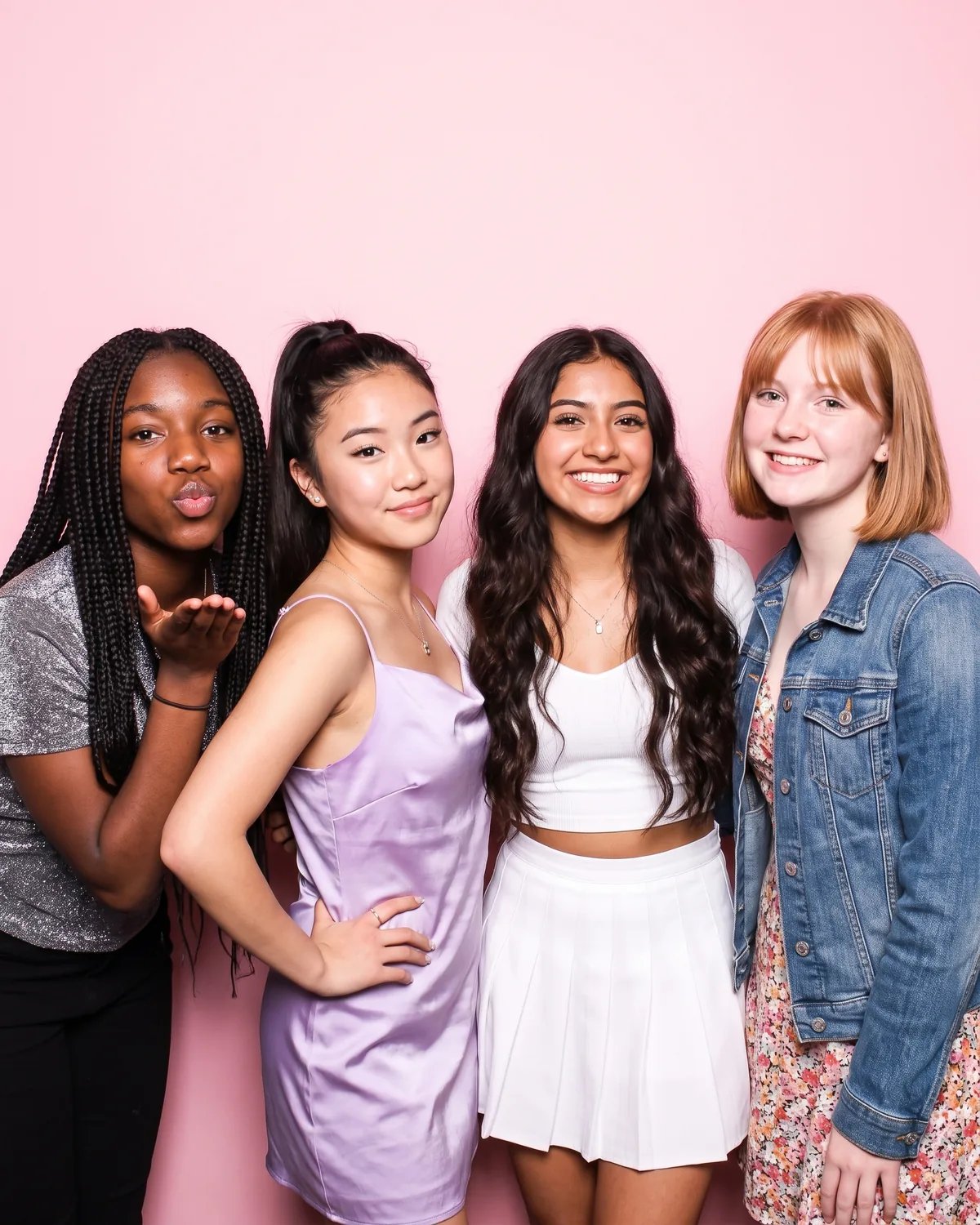 Four teenage friends at a Sweet 16 in front of a pink backdrop, one blowing a kiss