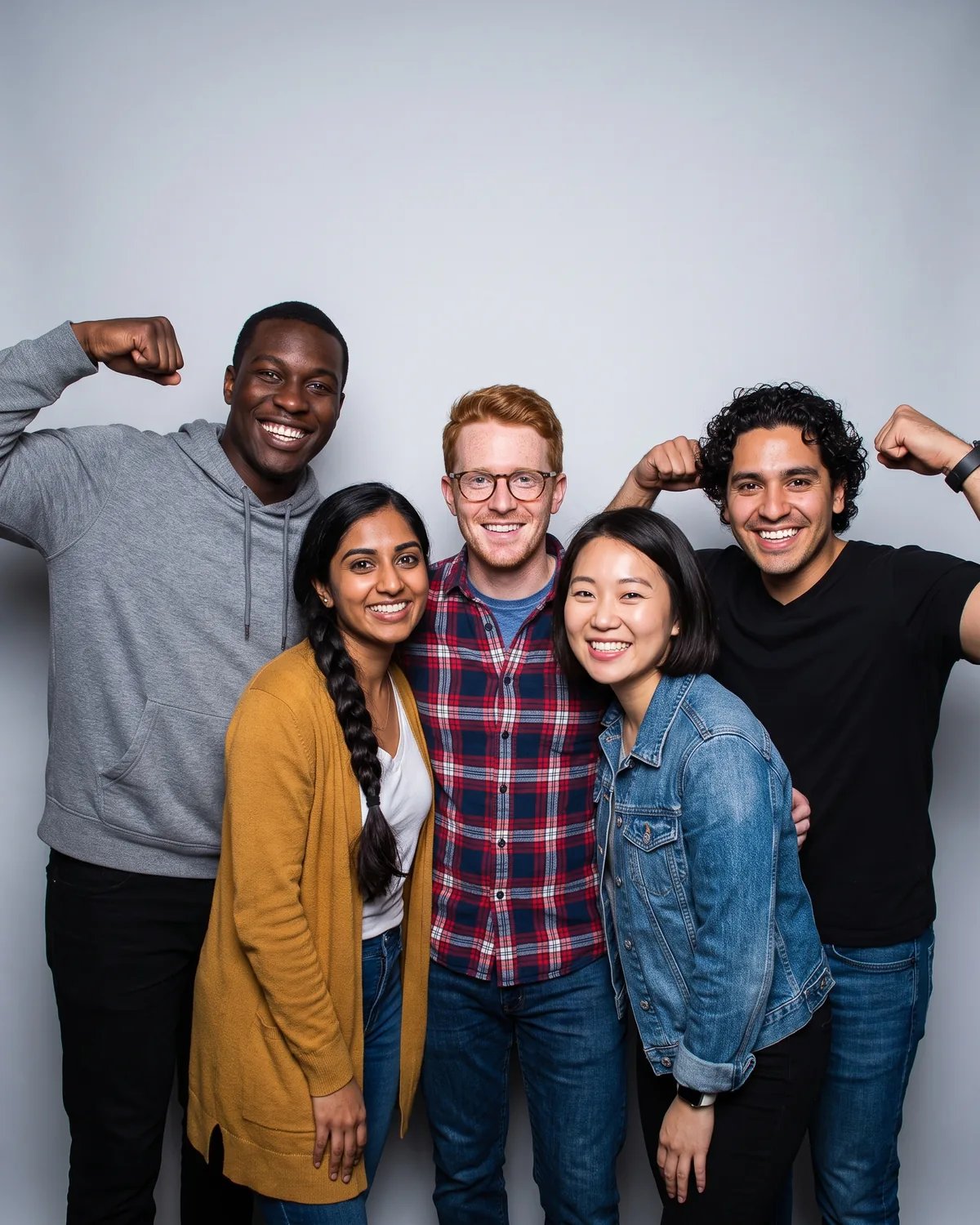 Five coworkers at a tech company offsite, two of them flexing for the booth