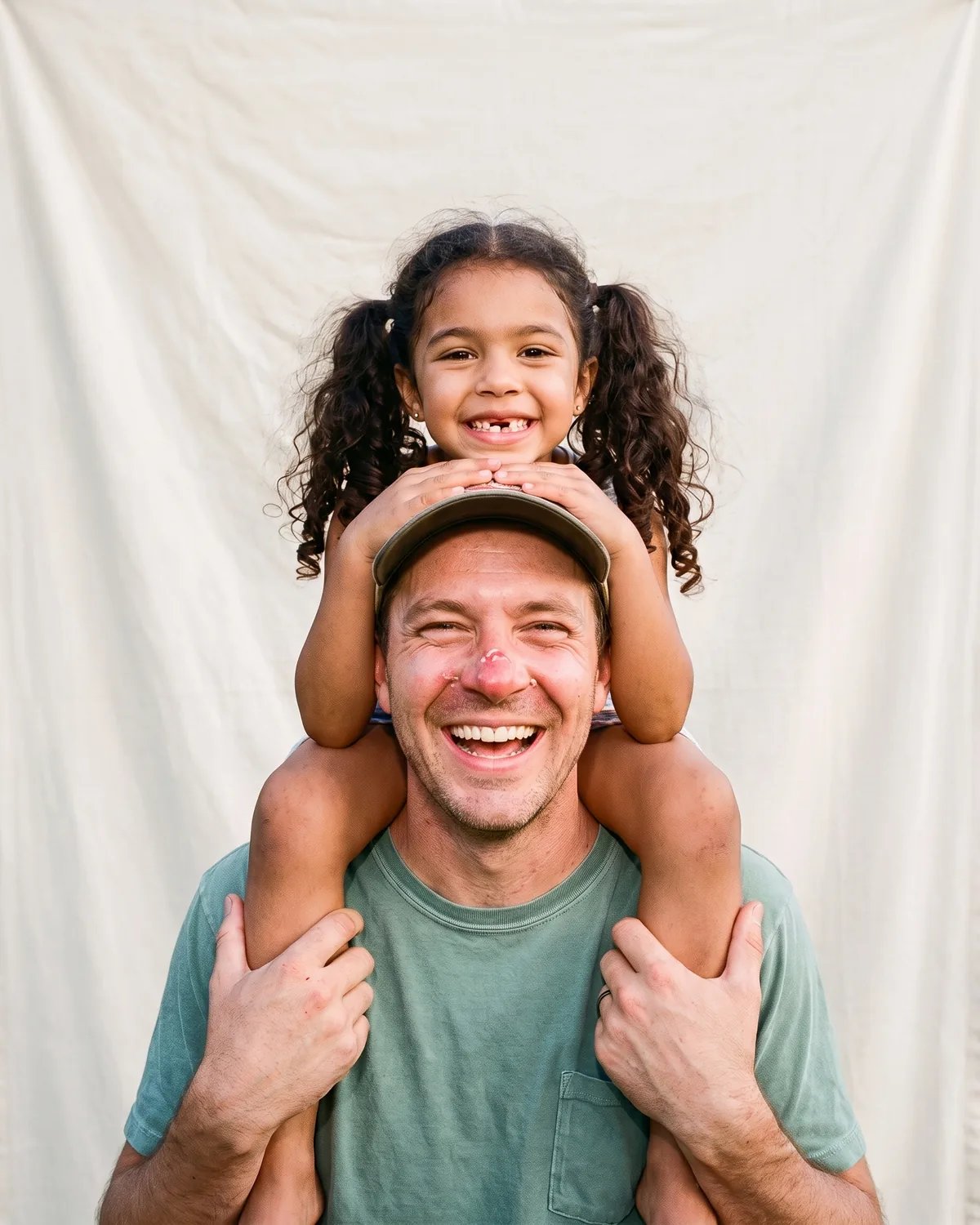 A dad with his daughter on his shoulders at a company picnic