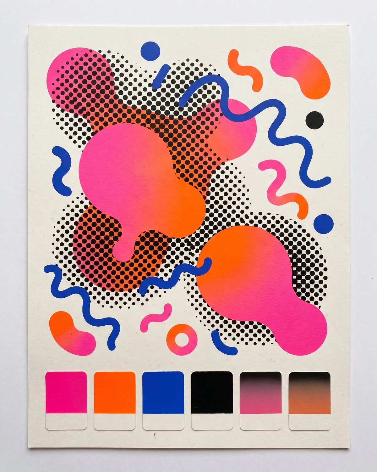 A brand style sheet with hot pink and orange shapes, halftone dots and blue squiggles