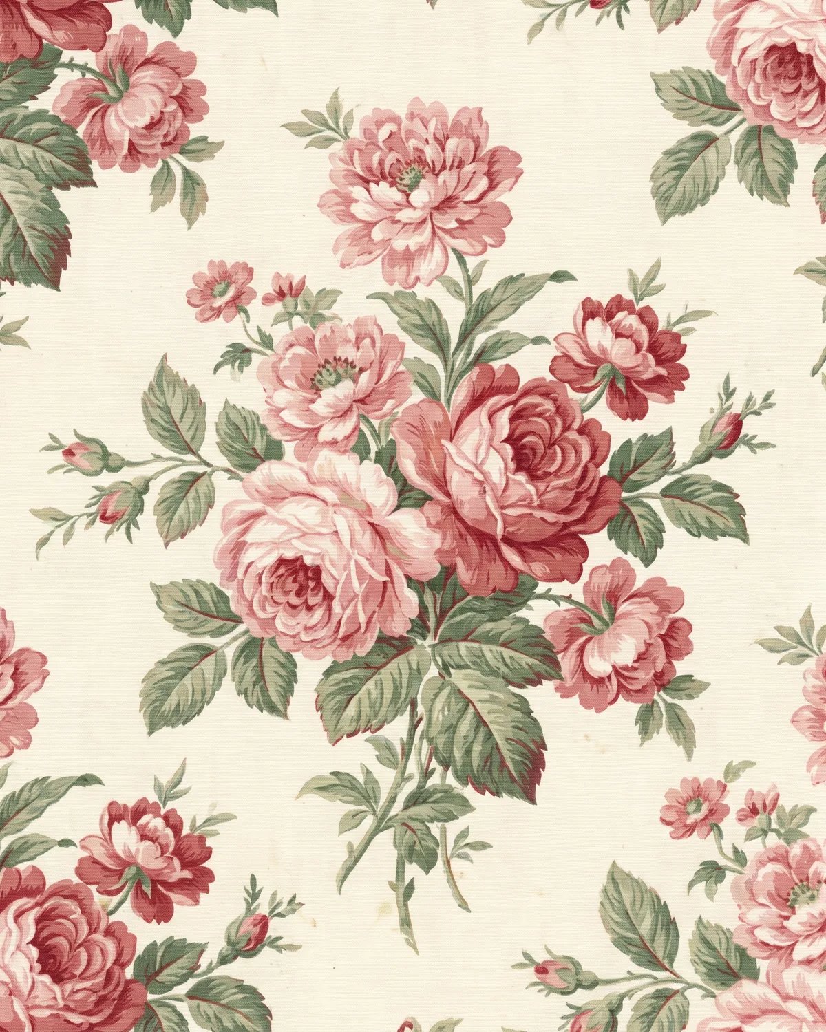 Vintage chintz with pink cabbage roses on cream