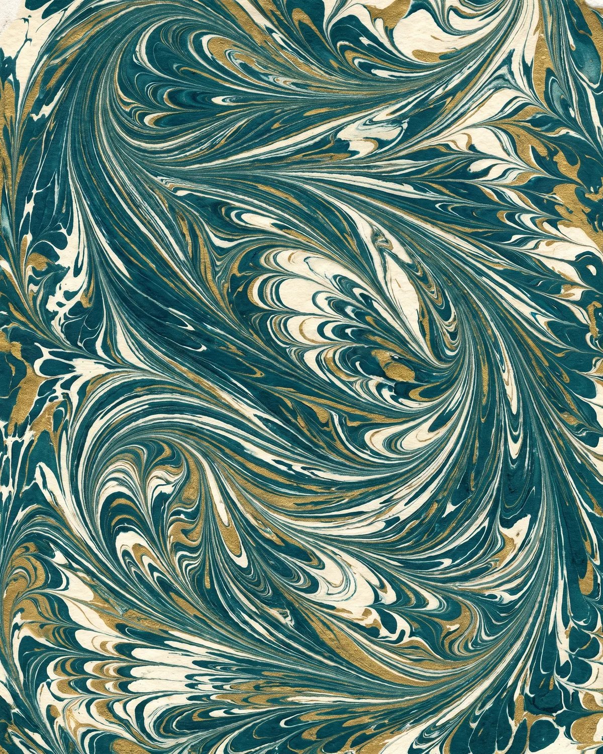 Teal, cream and gold marbled paper