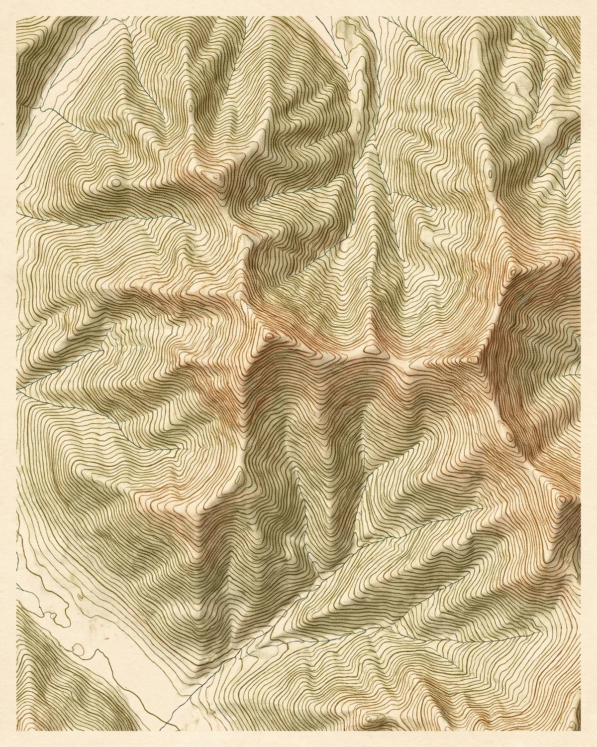 A vintage topographic map in sepia and olive