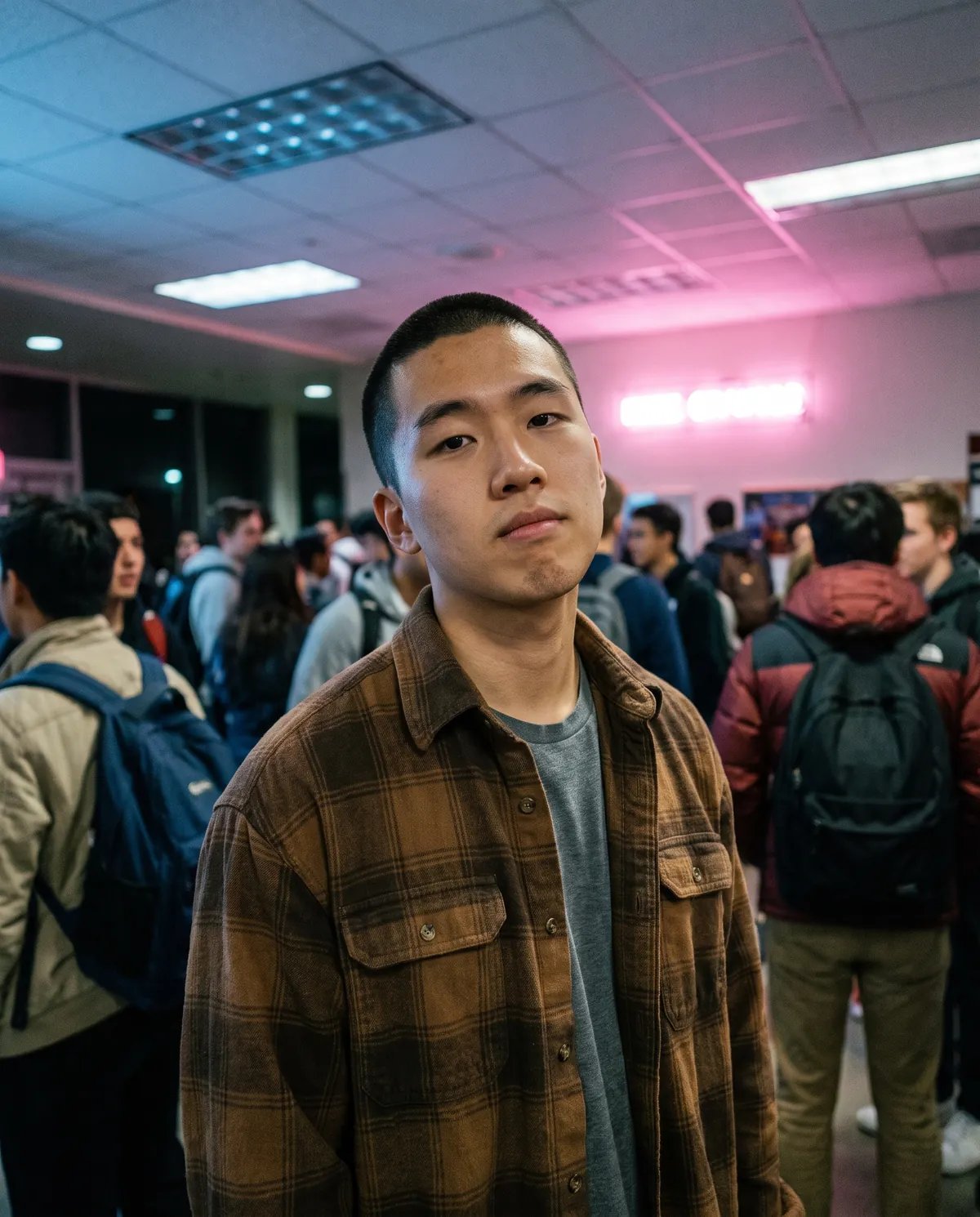 College student at a late-night student union event with a deadpan look