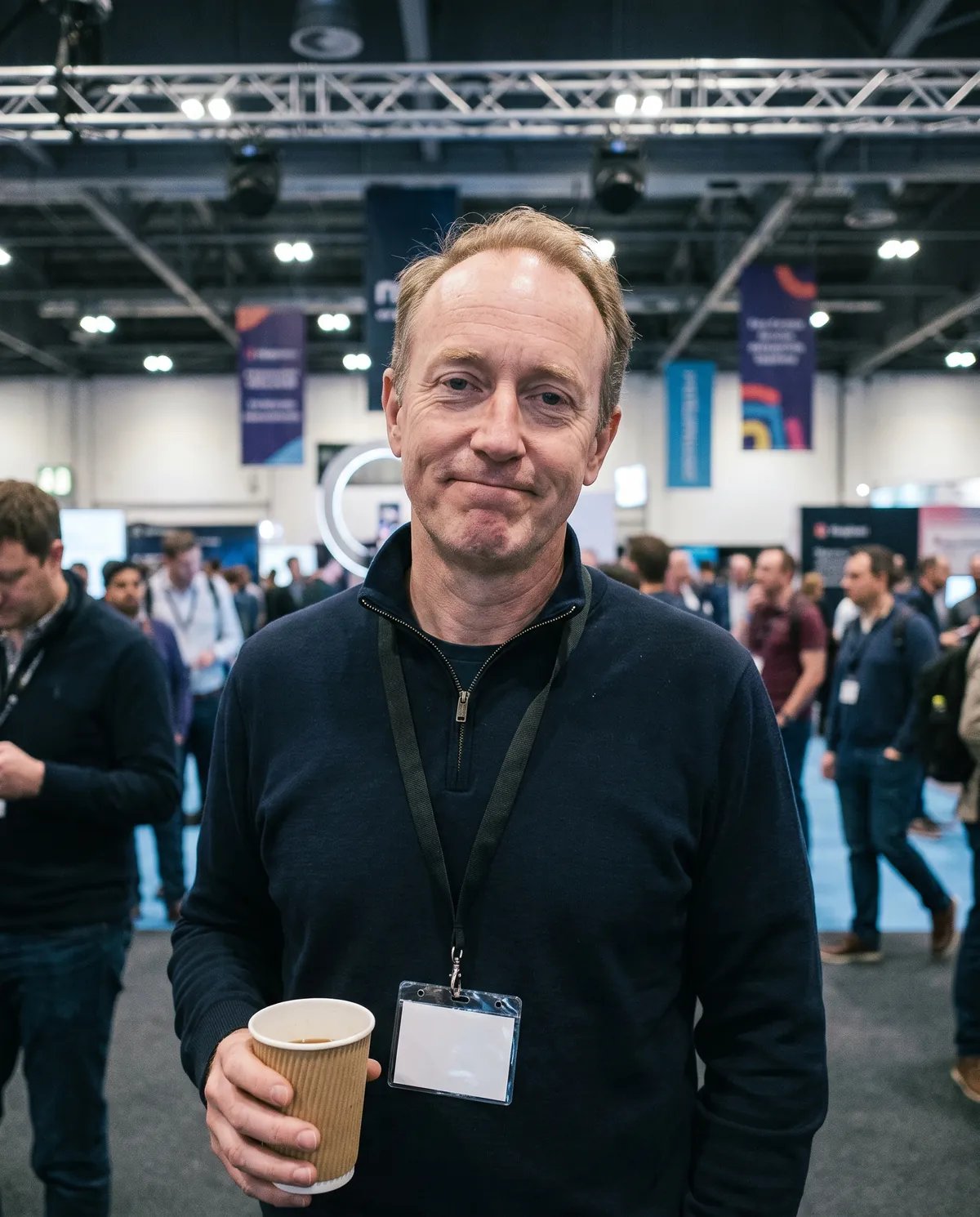 Attendee at a tech conference expo hall