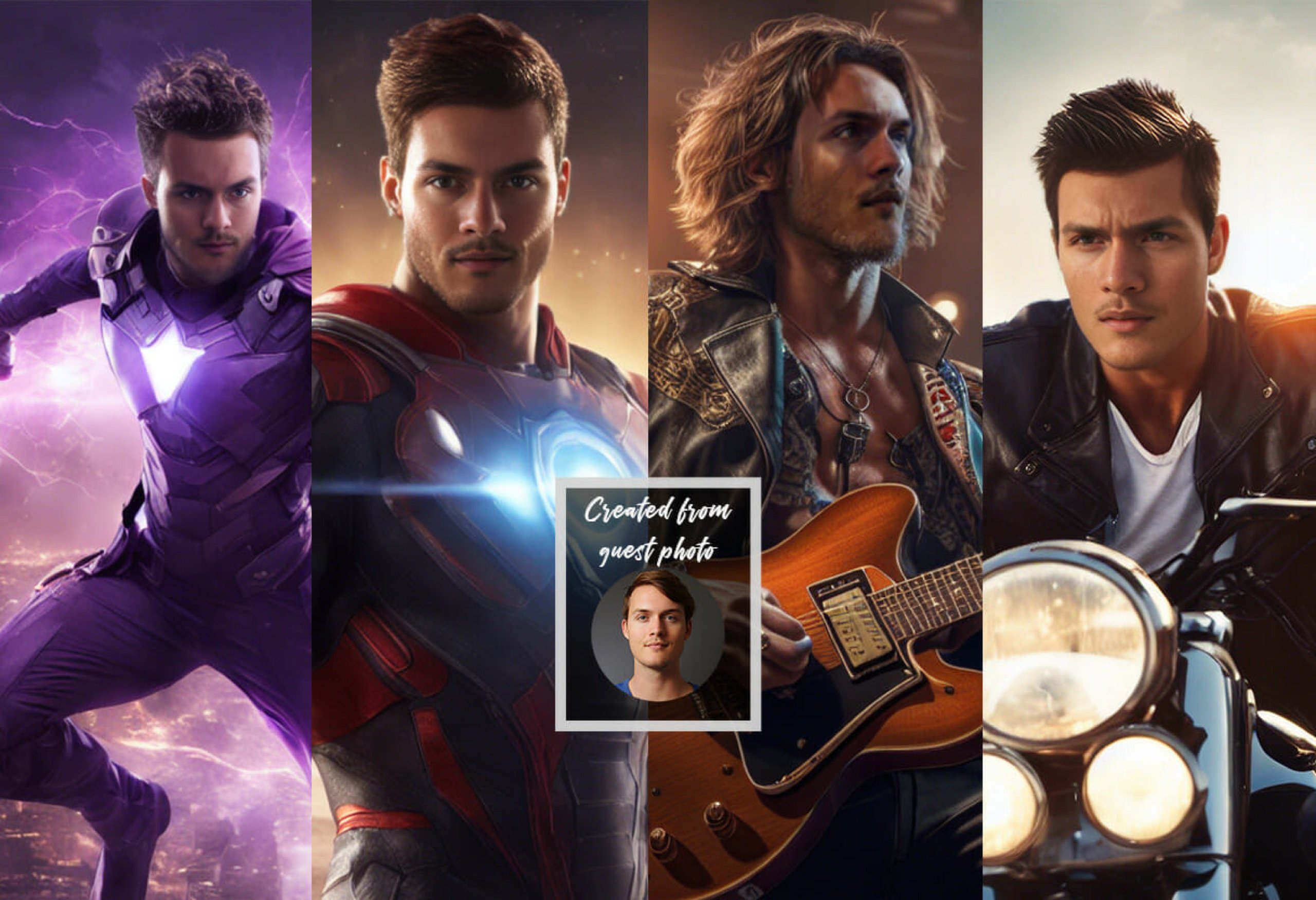 Four AI portraits of the same event guest — a purple-suited superhero above a city skyline, an armored hero, a long-haired rocker with an electric guitar, and a leather-jacketed rider on a motorcycle — around an inset of the original guest headshot