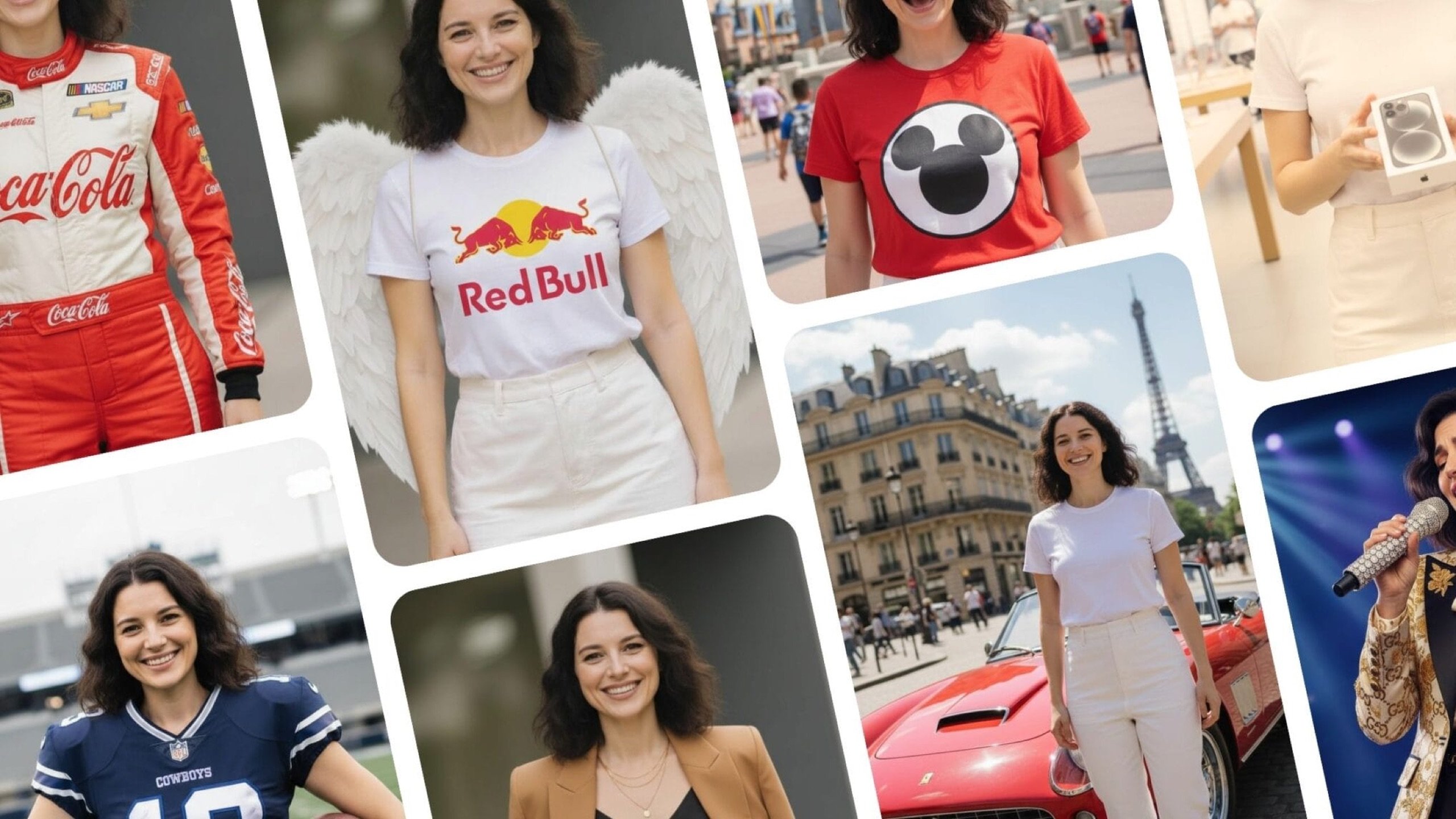 Grid of AI-generated branded portraits of the same guest — a Coca-Cola NASCAR driver, a Red Bull angel with white wings, and a Parisian street scene with a vintage red convertible near the Eiffel Tower