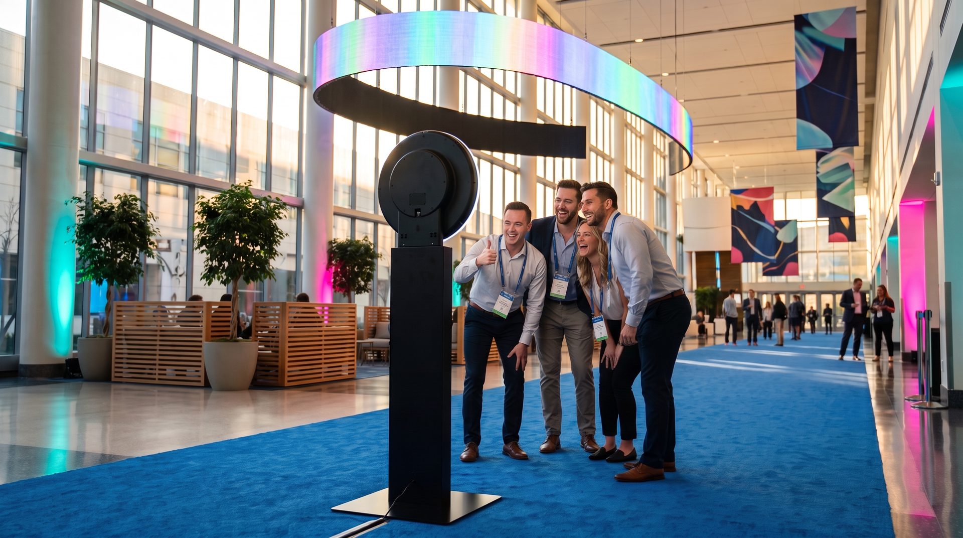 Four colleagues pose for a group selfie at a selfie station kiosk in a bright conference atrium