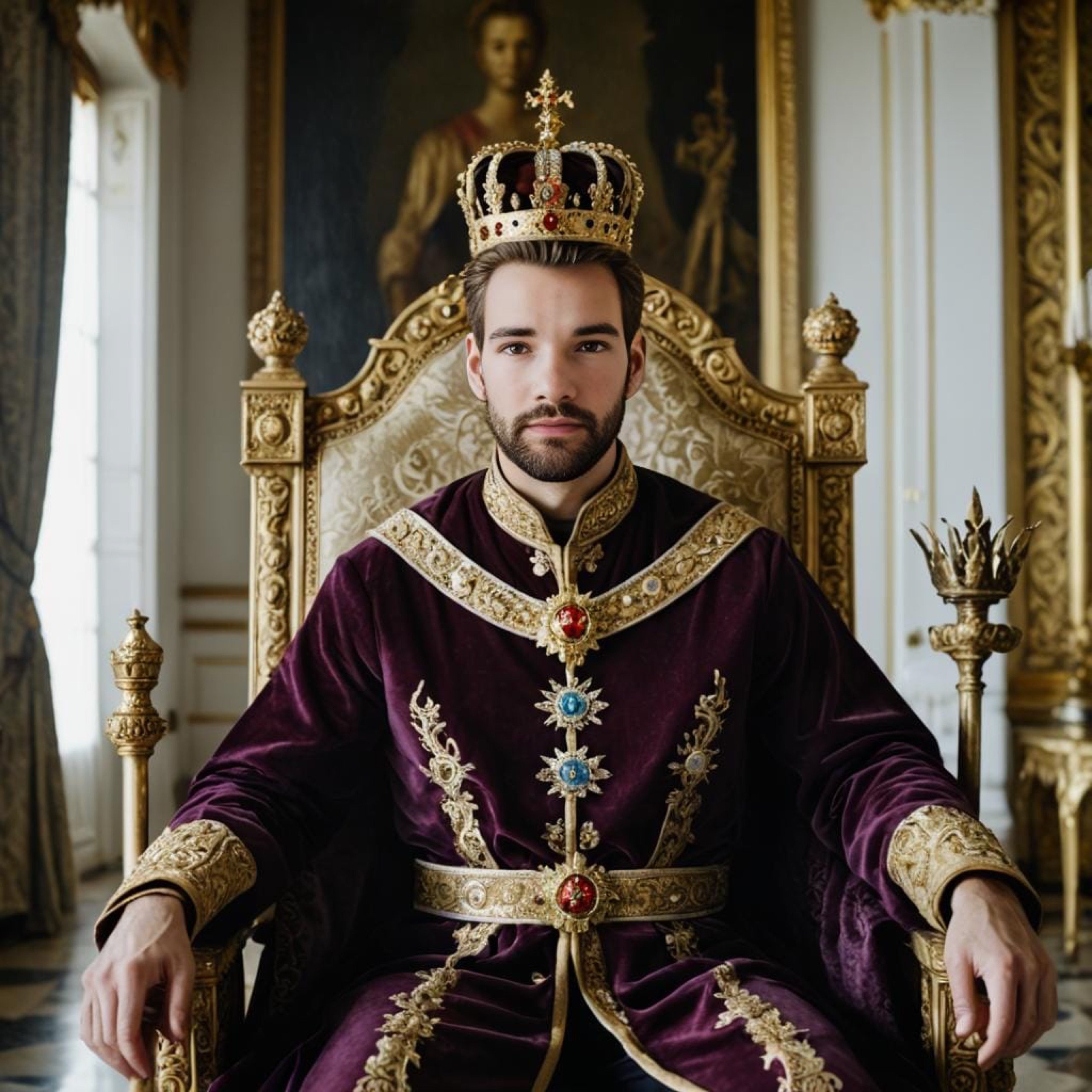 AI photo booth Realistic Mode portrait of a guest reimagined as a crowned king on a gilded throne, with his likeness fully intact