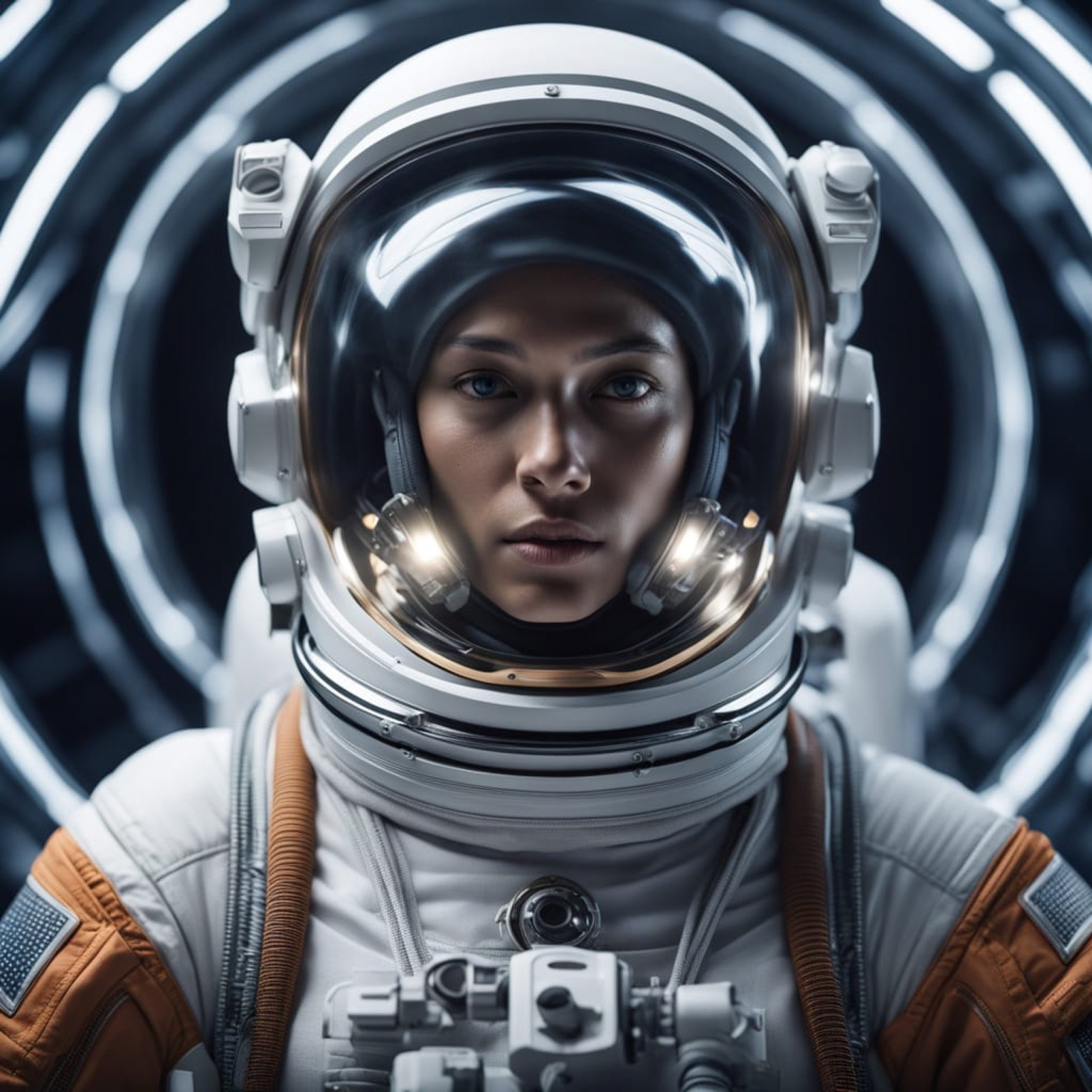 AI photo booth portrait of a Spacecom guest reimagined as an astronaut floating in outer space