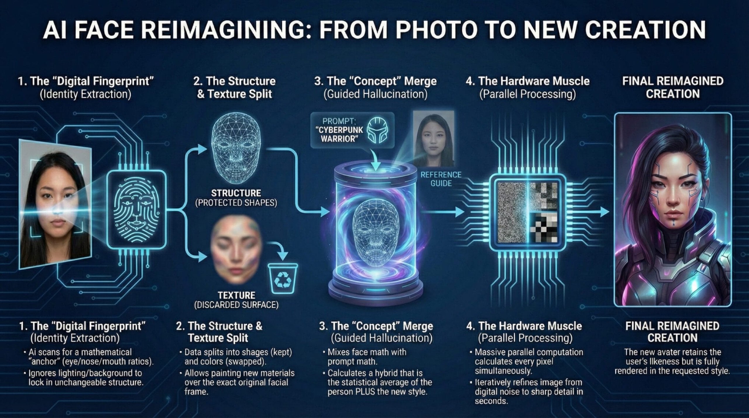 Infographic of the AI face reimagining pipeline: a portrait photo passes through identity extraction, a structure-and-texture split, a concept merge, and parallel processing to become a cyberpunk avatar