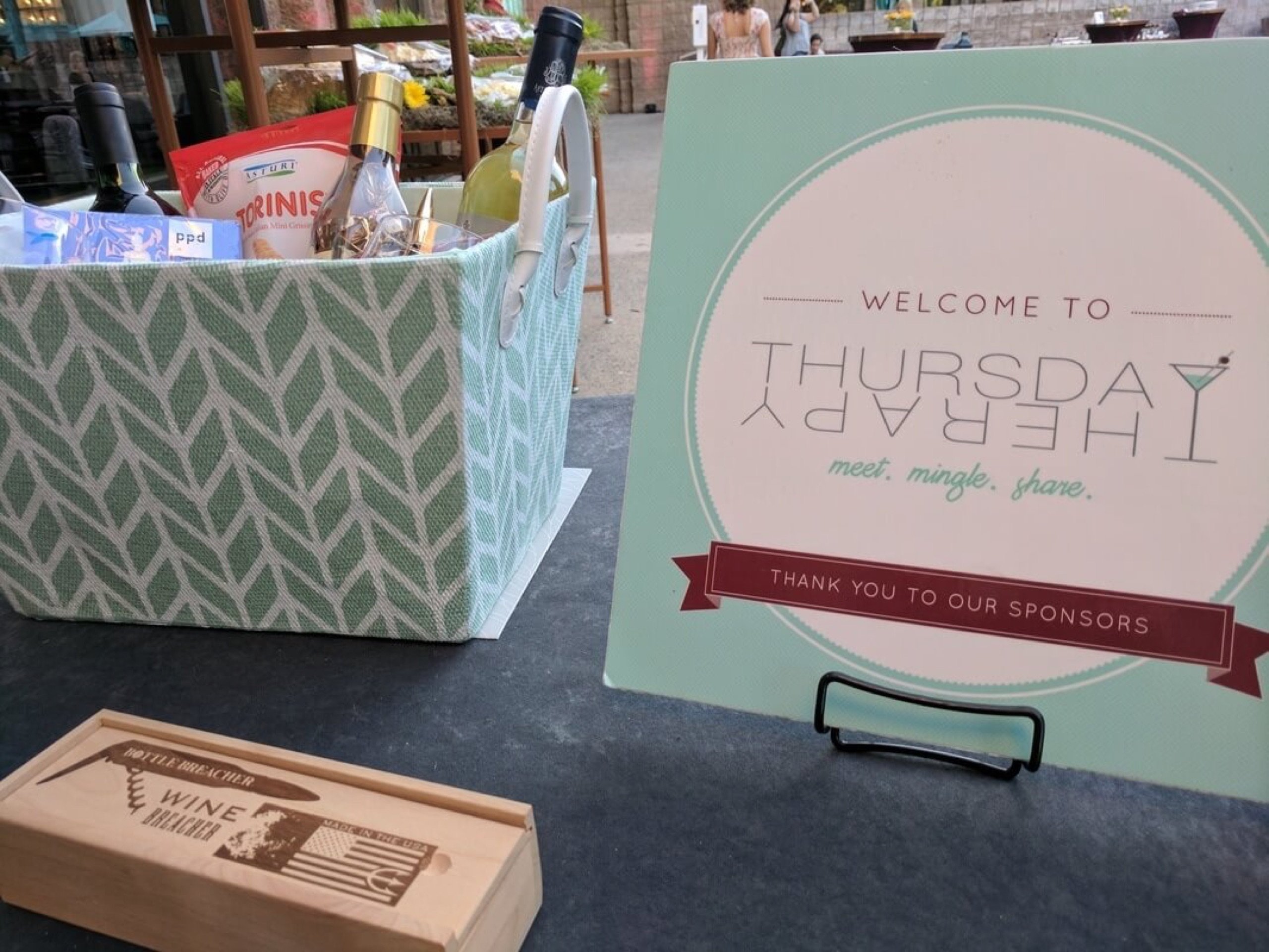 Welcome signage for Thursday Therapy's second anniversary at Loews Ventana Canyon on April 20, 2017, created by Nicole Crawford-Mackey of True Bliss