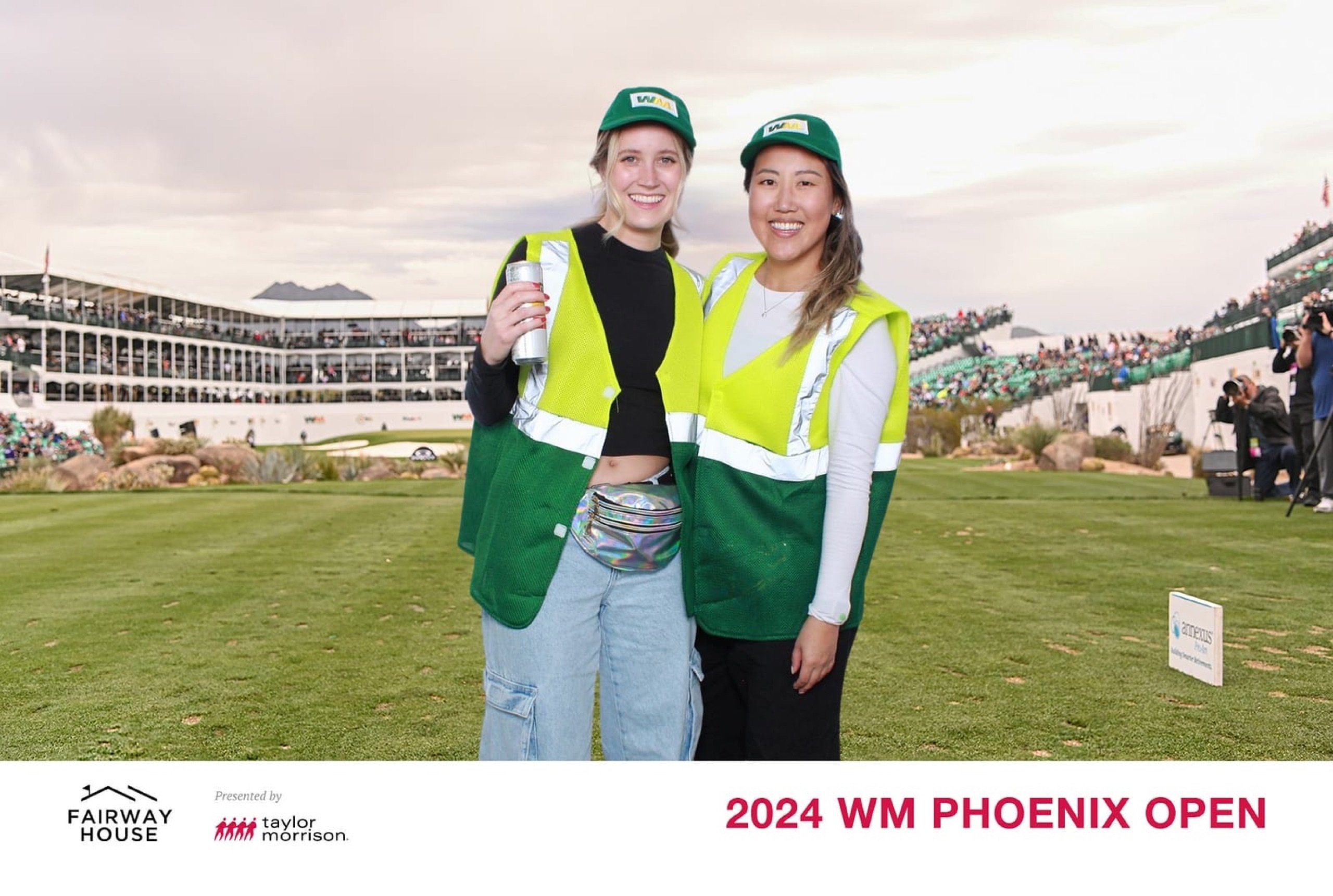 Guests swinging golf clubs on the famous 16th Hole in a Taylor Morrison branded green screen photo from the 2024 Waste Management Phoenix Open