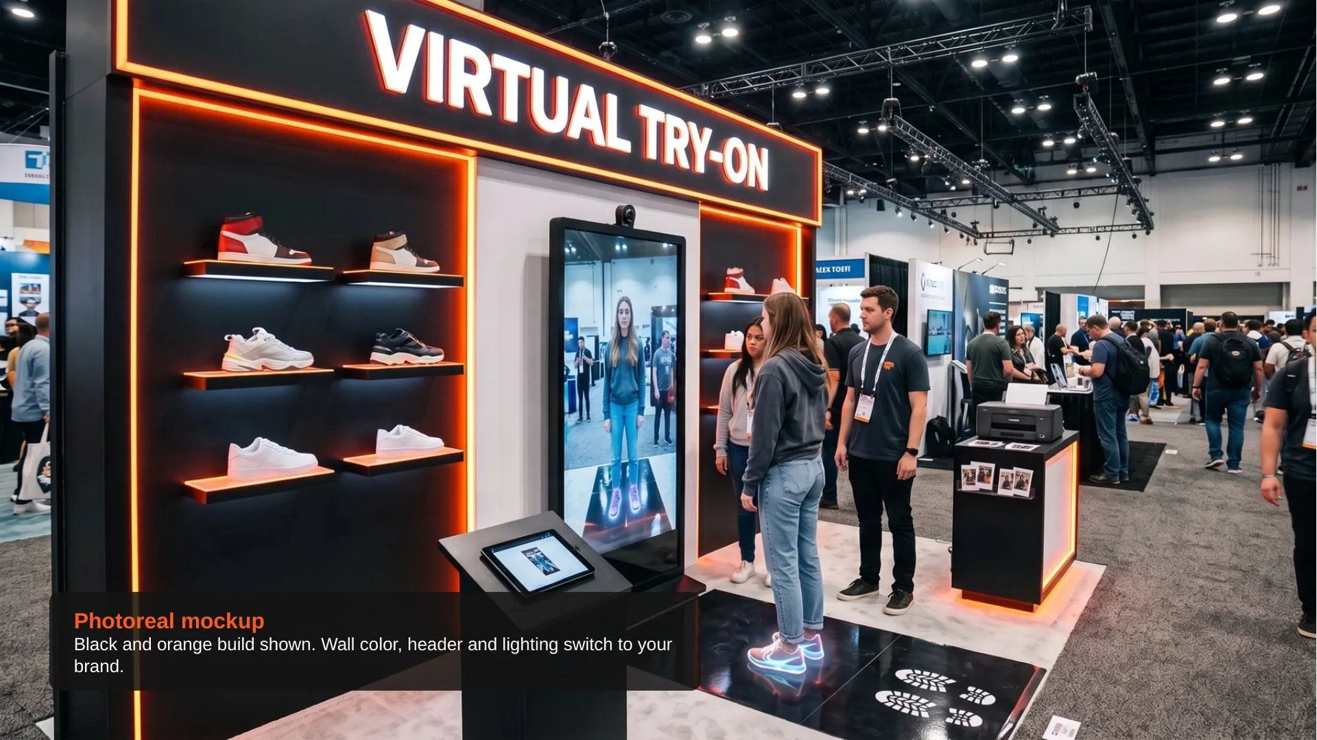 Photoreal mockup of the booth in black and orange, with the wall color, header and lighting switched to your brand