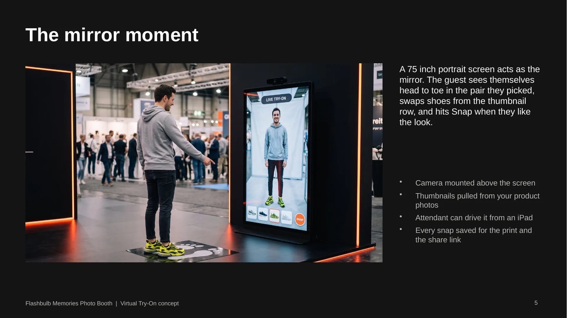 The mirror moment: a 75 inch portrait screen acts as a mirror, and the guest swaps shoes from a row of thumbnails