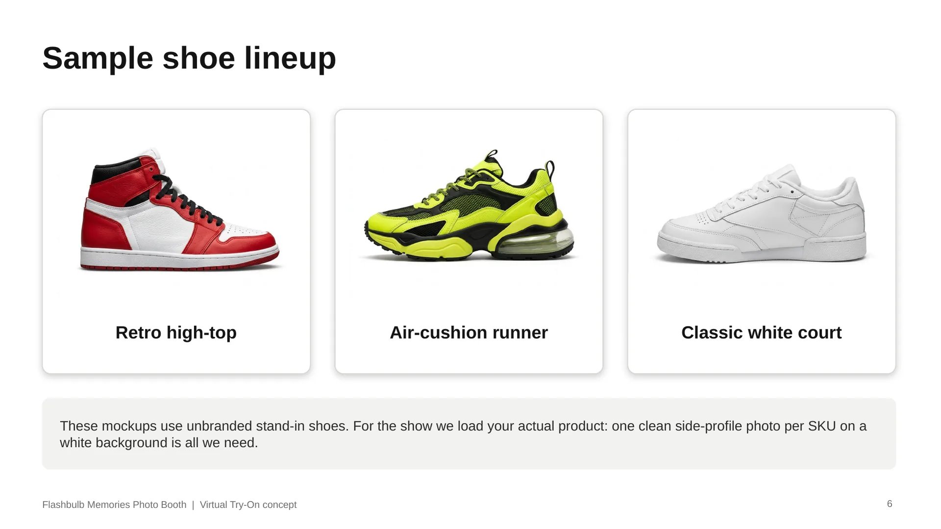 Sample shoe lineup: a retro high-top, an air-cushion runner and a classic white court shoe, loaded from one side-profile photo each