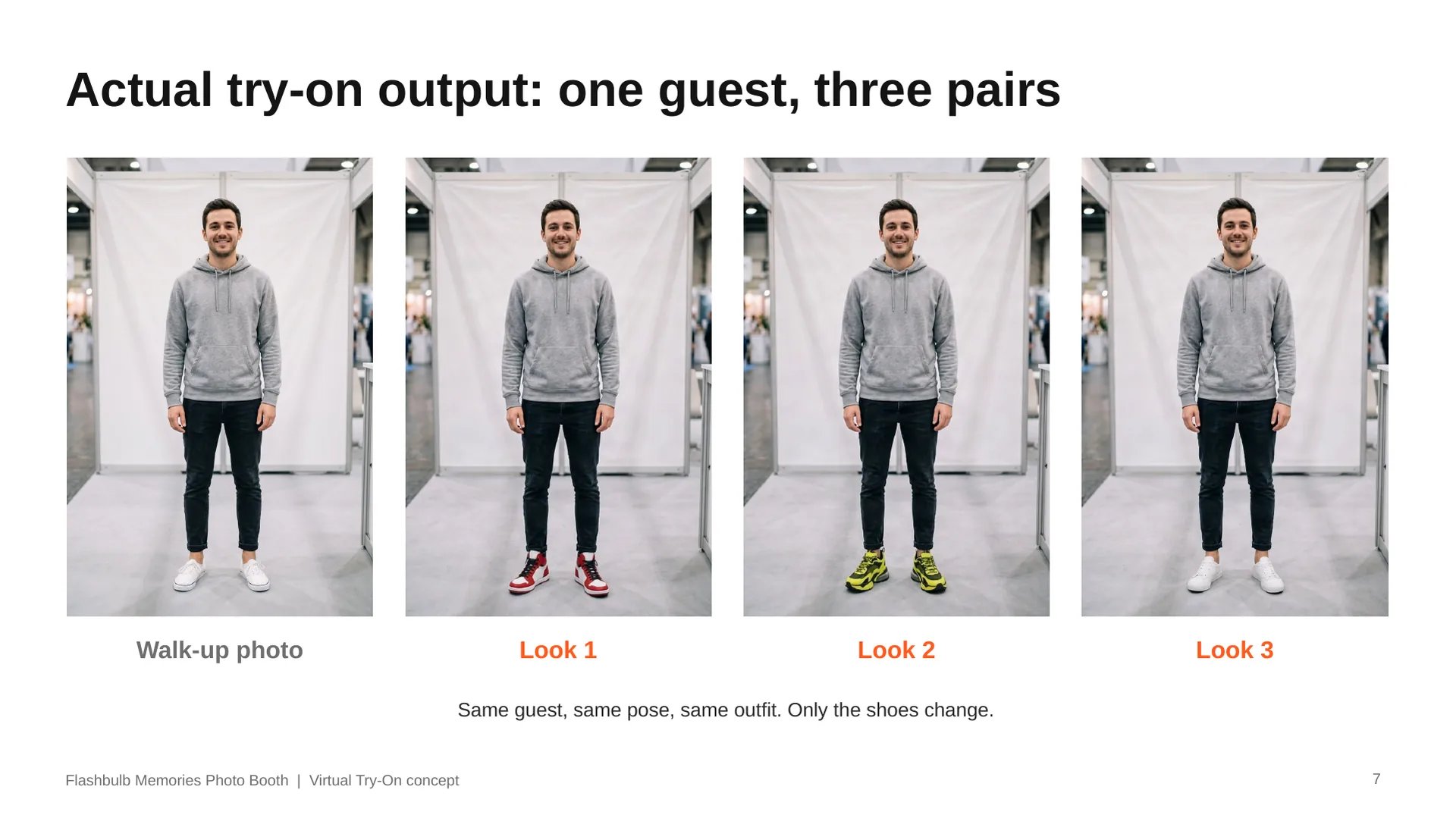 Actual try-on output: the same guest in the same pose, wearing three different pairs
