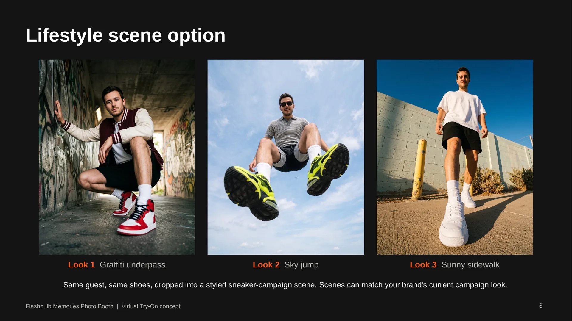 Lifestyle scene option: the same guest and shoes dropped into styled sneaker-campaign scenes
