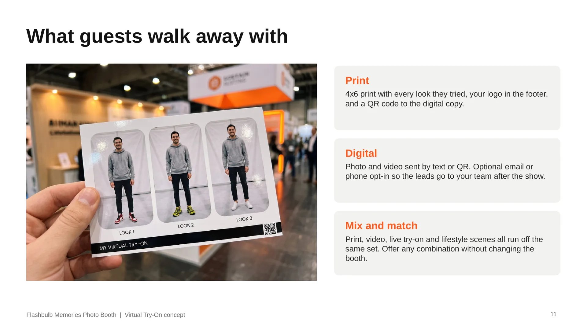 What guests walk away with: a 4x6 print of every look, a digital copy by text or QR code, or a mix of print, video and live try-on