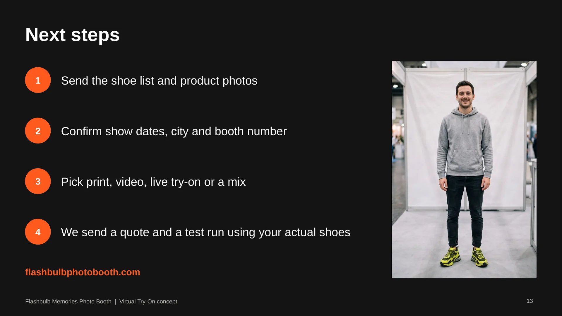 Next steps: send the shoe list and product photos, confirm show dates and booth number, pick print, video, live try-on or a mix, and we send a quote and a test run