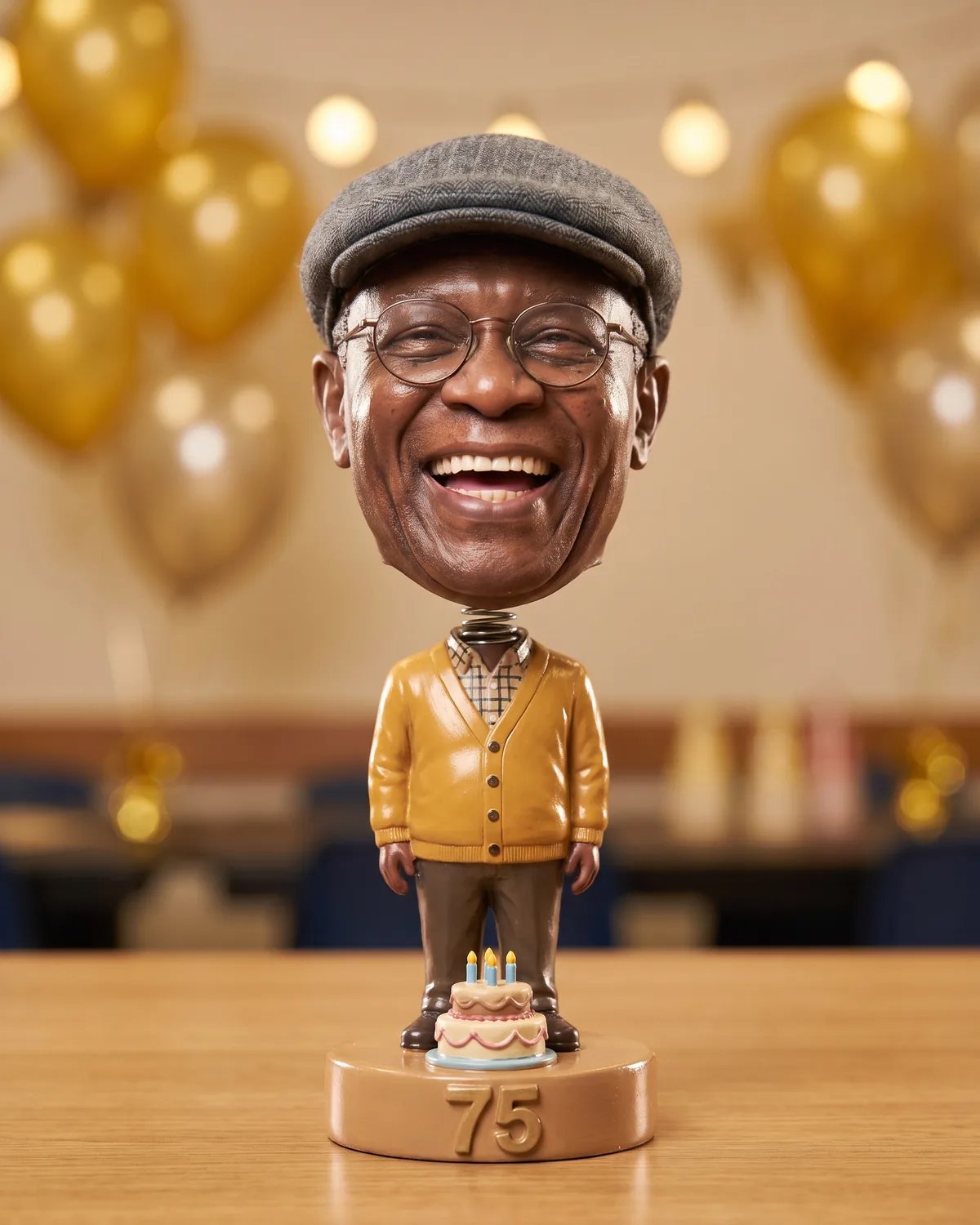 Bobblehead of the guest of honor in his flat cap on a base with a tiny cake and the number 75