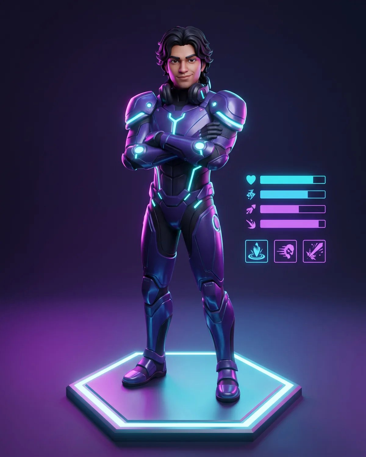 The player as a 3D game character in glowing armor on a character select platform