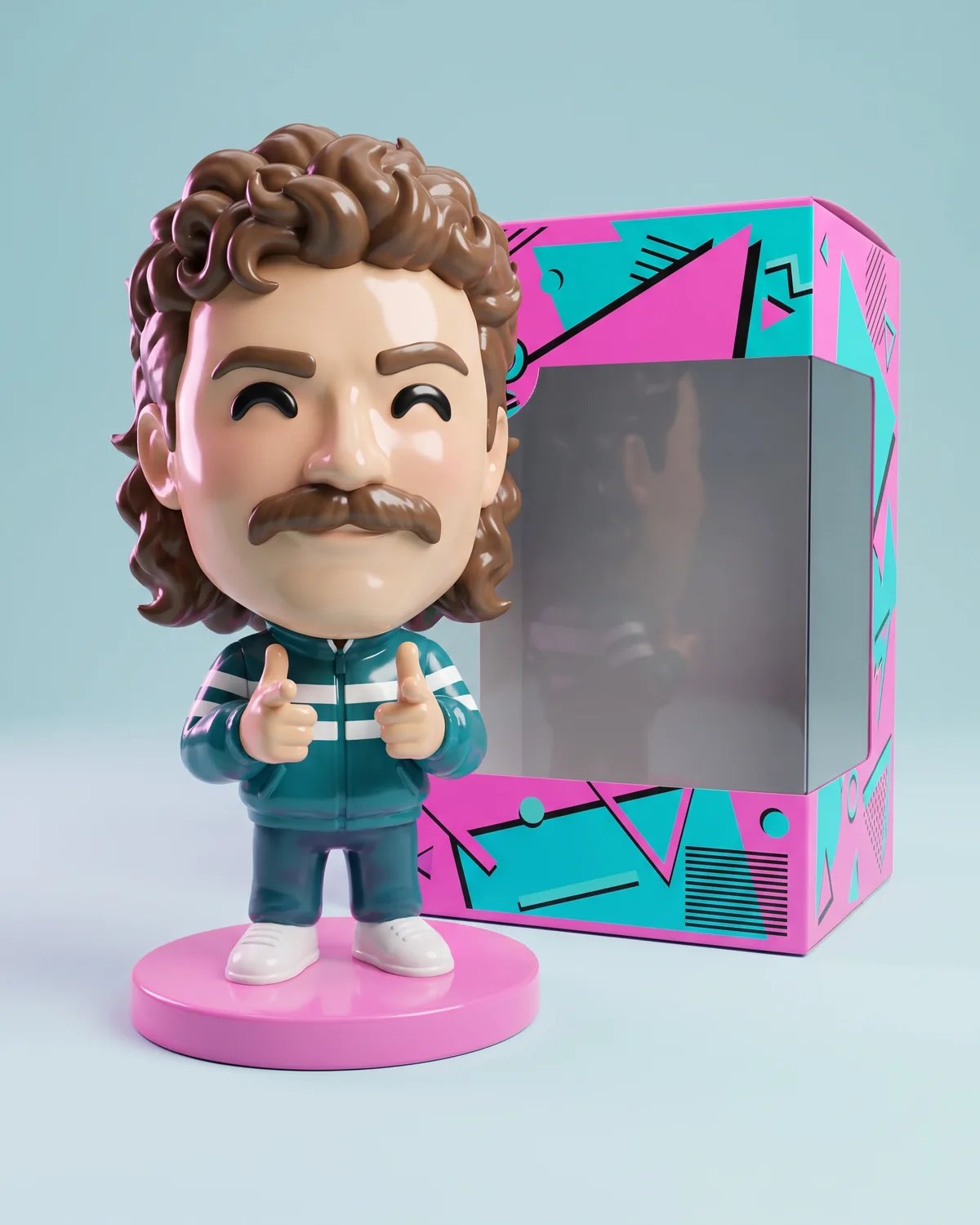 Vinyl collectible of the guest with his mullet and mustache beside a retro pink and teal box