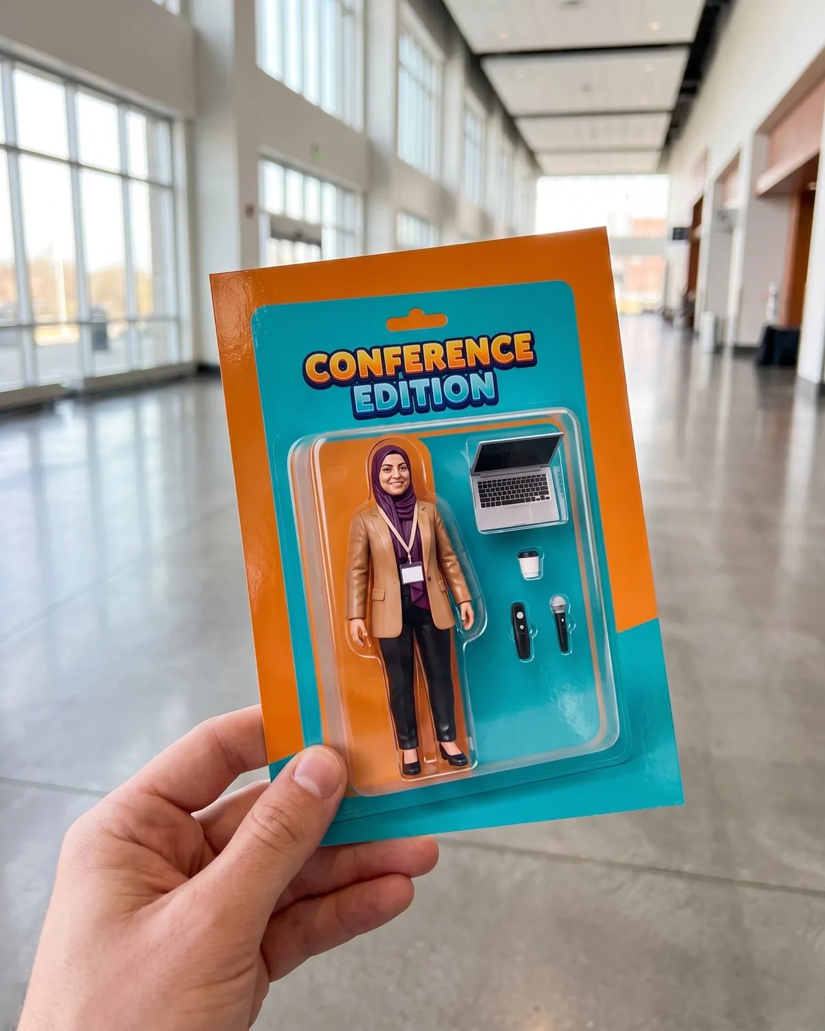 A guest holding a print of the conference edition action figure in an open concourse