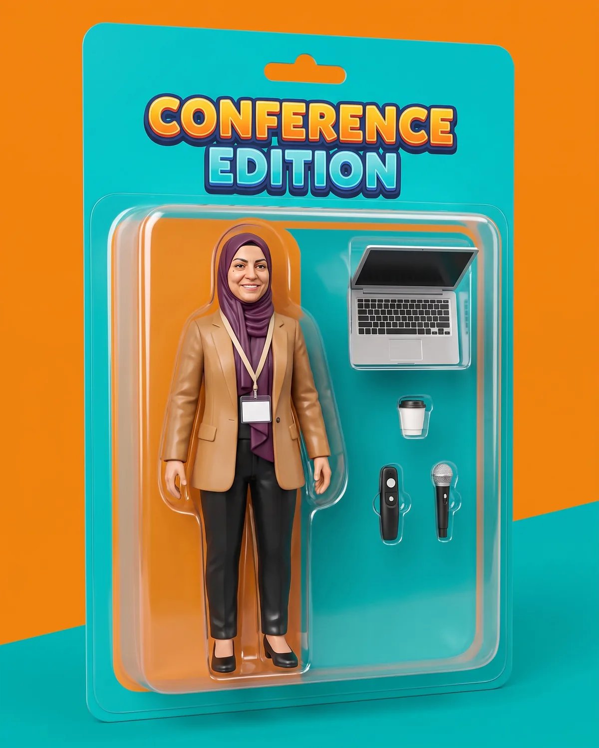 The speaker as a boxed action figure with a tiny laptop and microphone in their own slots
