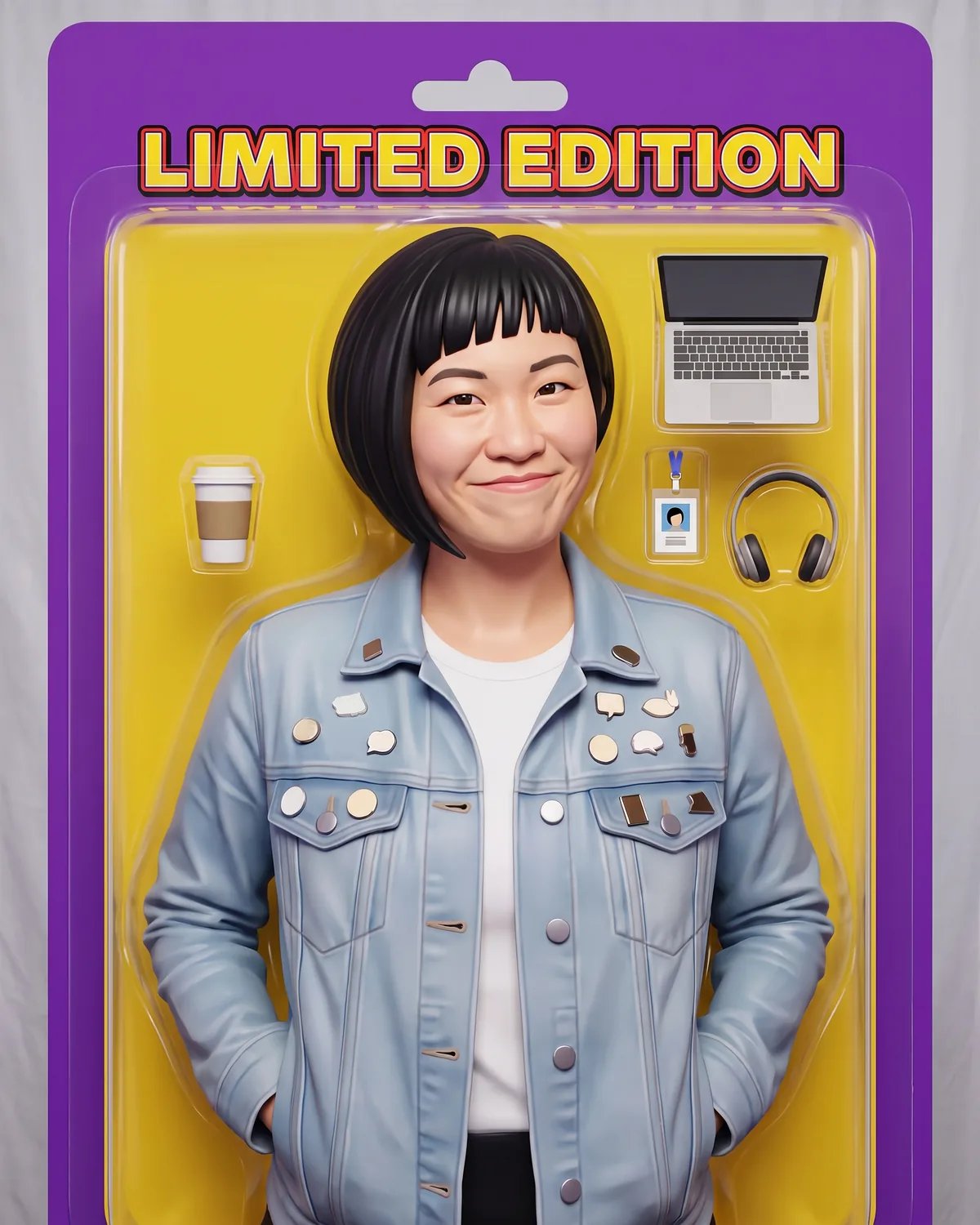 The same guest as an action figure sealed in a blister pack with a tiny laptop, coffee cup and headphones
