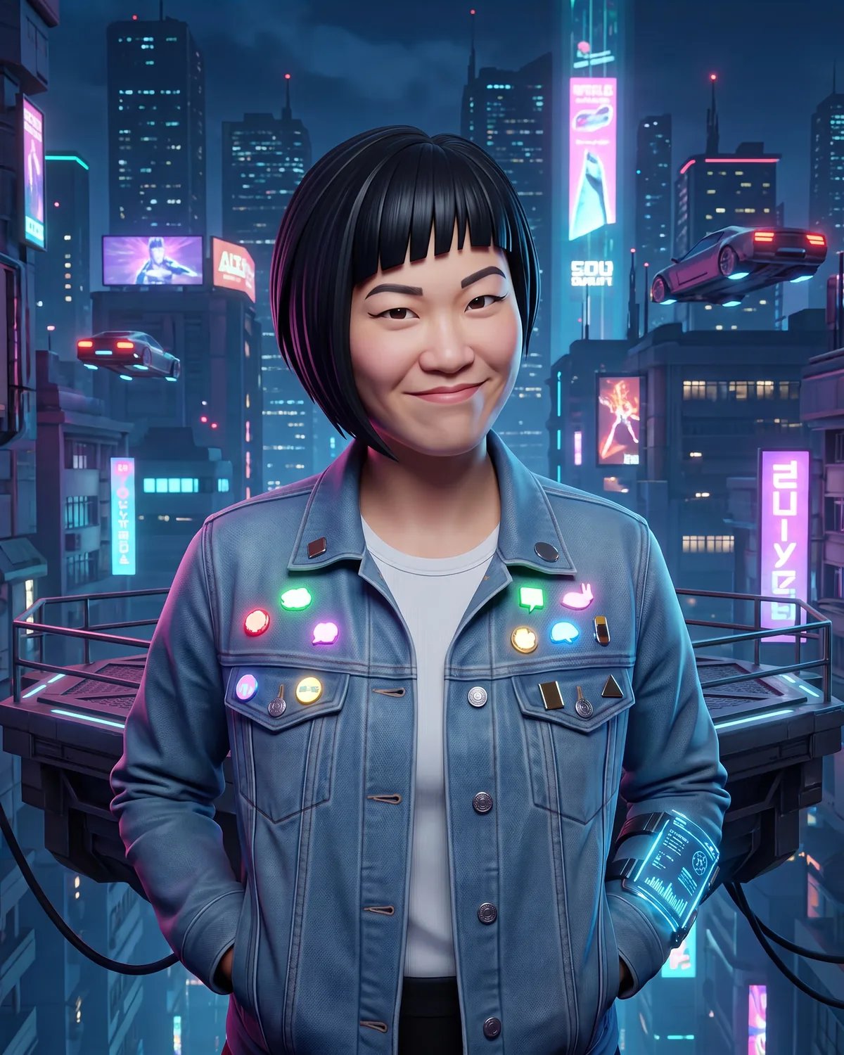The guest as a video game hero in a neon city with a glowing wrist display