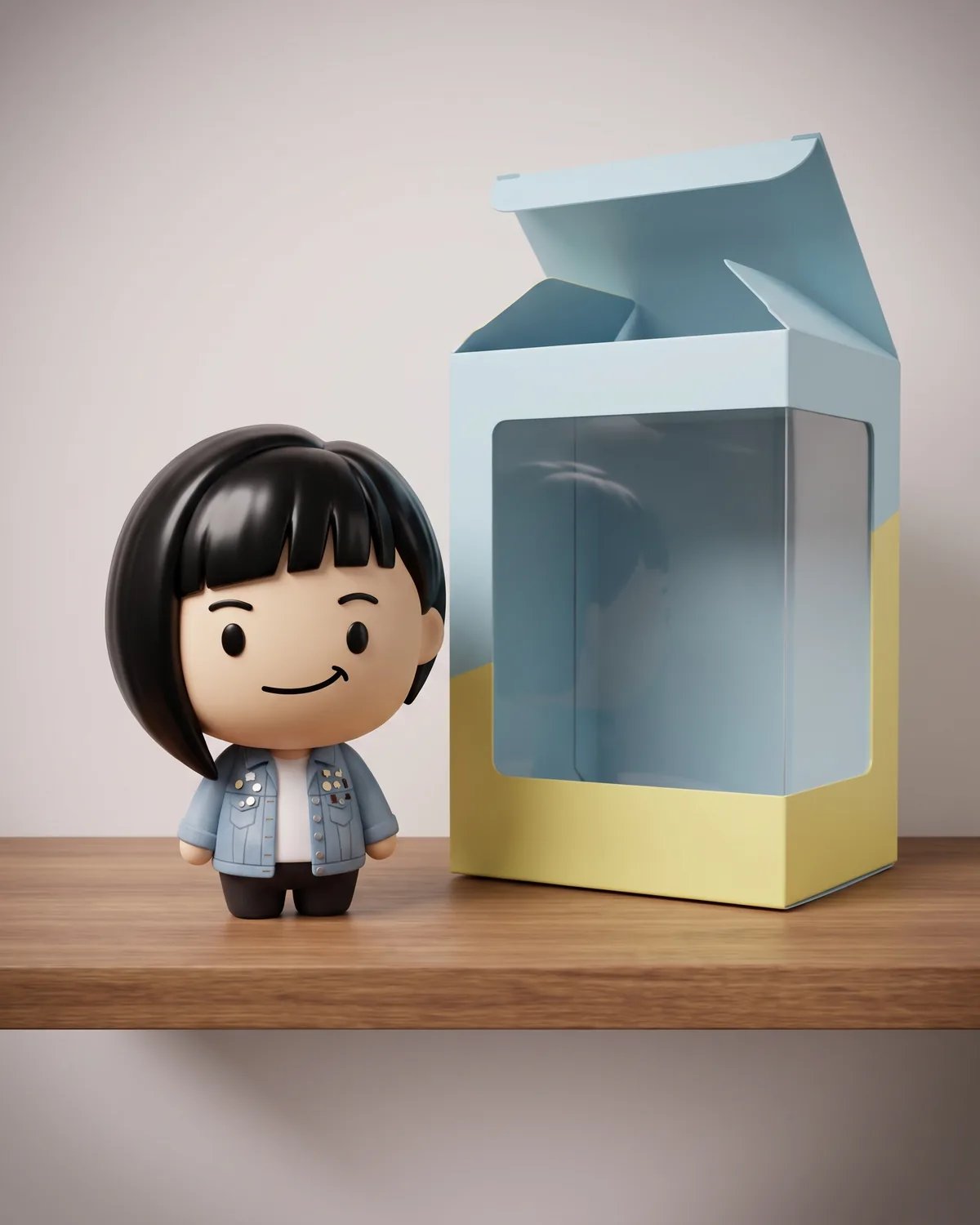 The guest as a big-headed vinyl collectible on a shelf beside its box