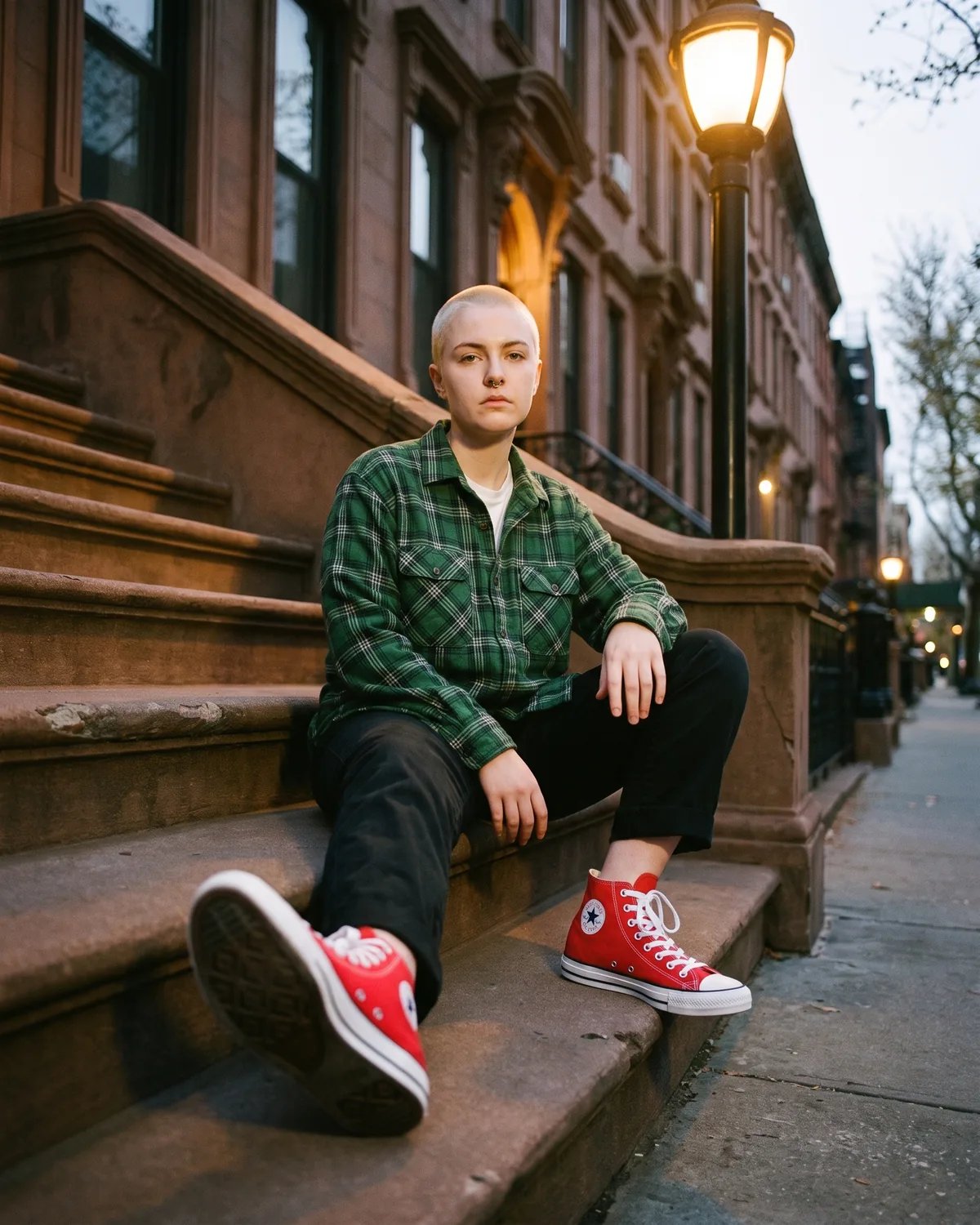 The guest on a brownstone stoop at dusk wearing red Converse high-tops