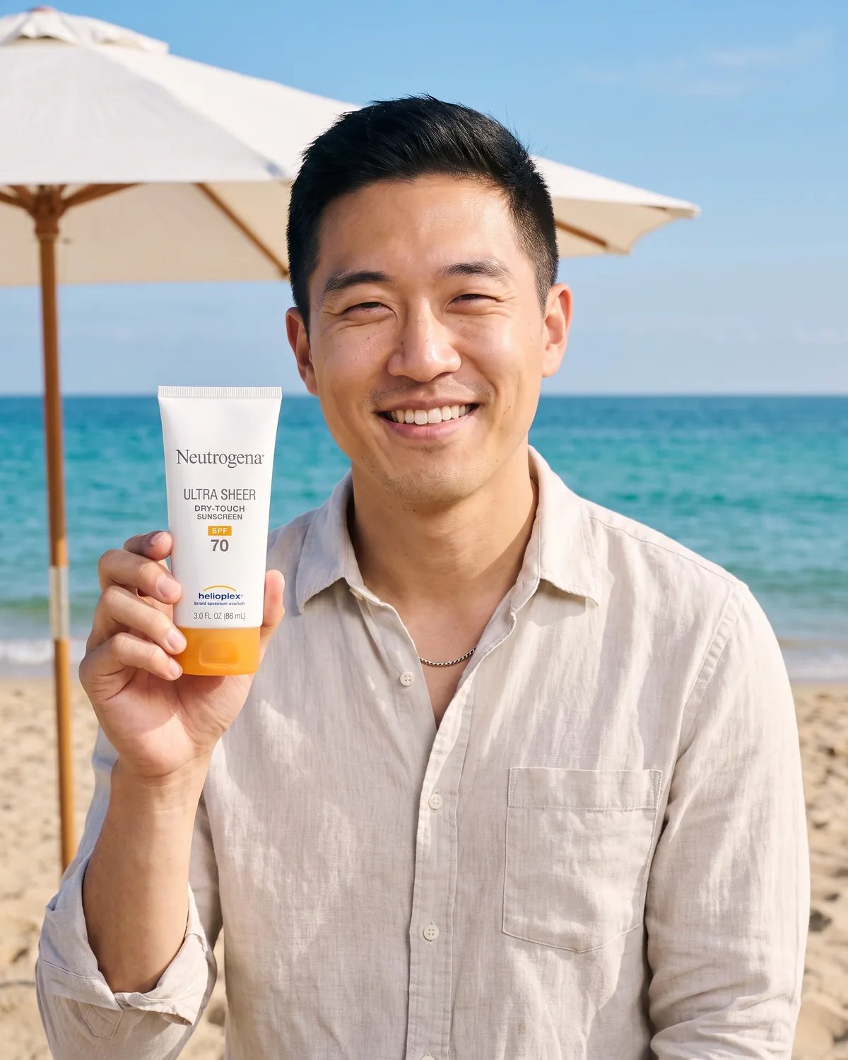 The guest under a beach umbrella holding up a tube of Neutrogena Ultra Sheer sunscreen