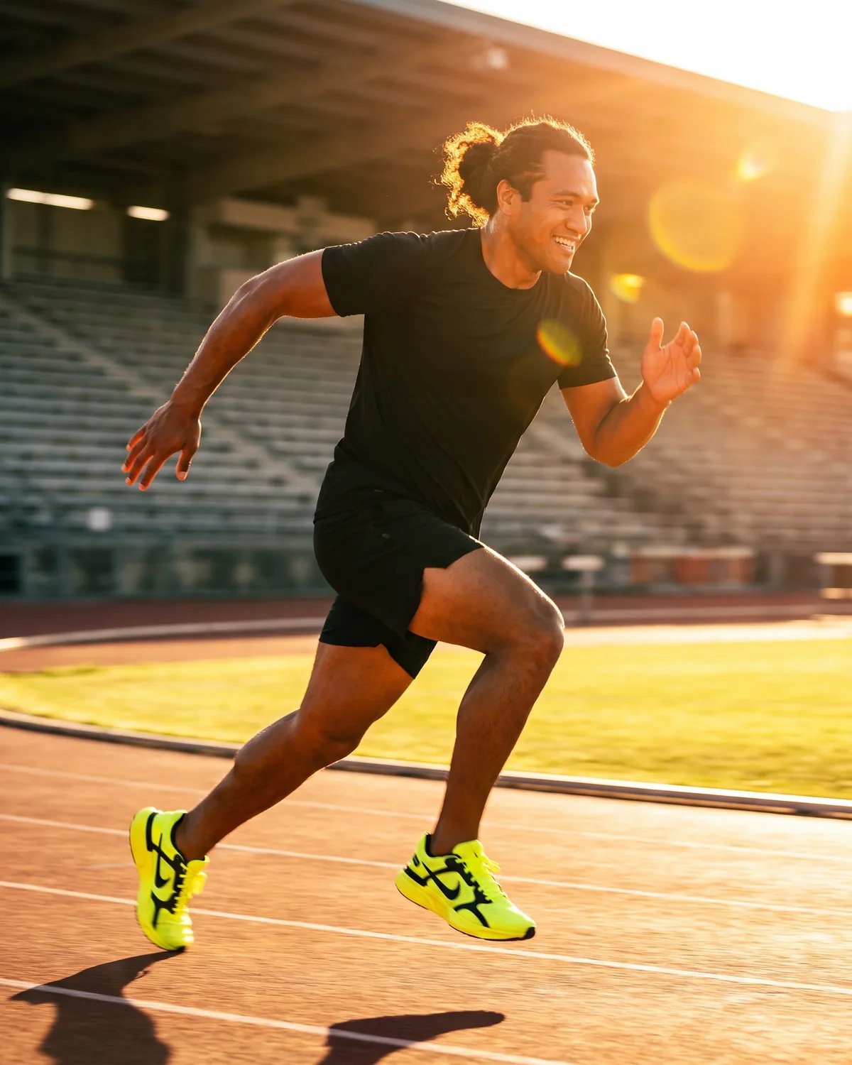 The same guest mid-stride on a stadium track at golden hour wearing the Nike running shoes