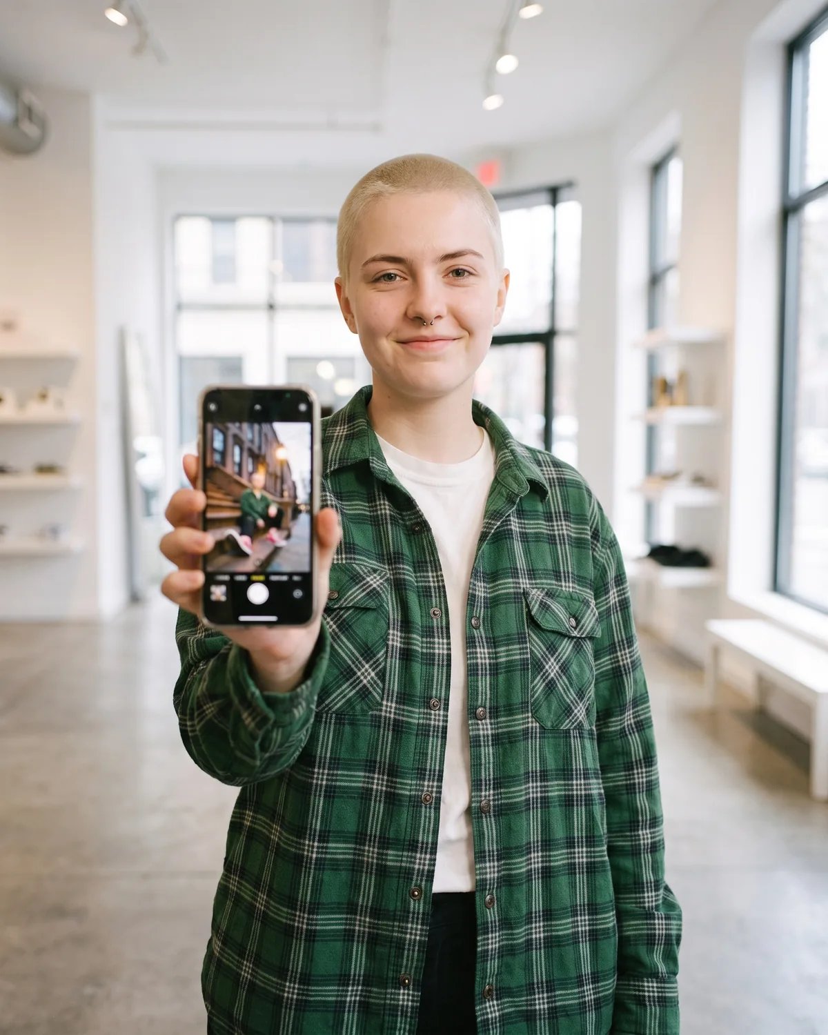 A guest at a store launch showing her Converse photo on her phone