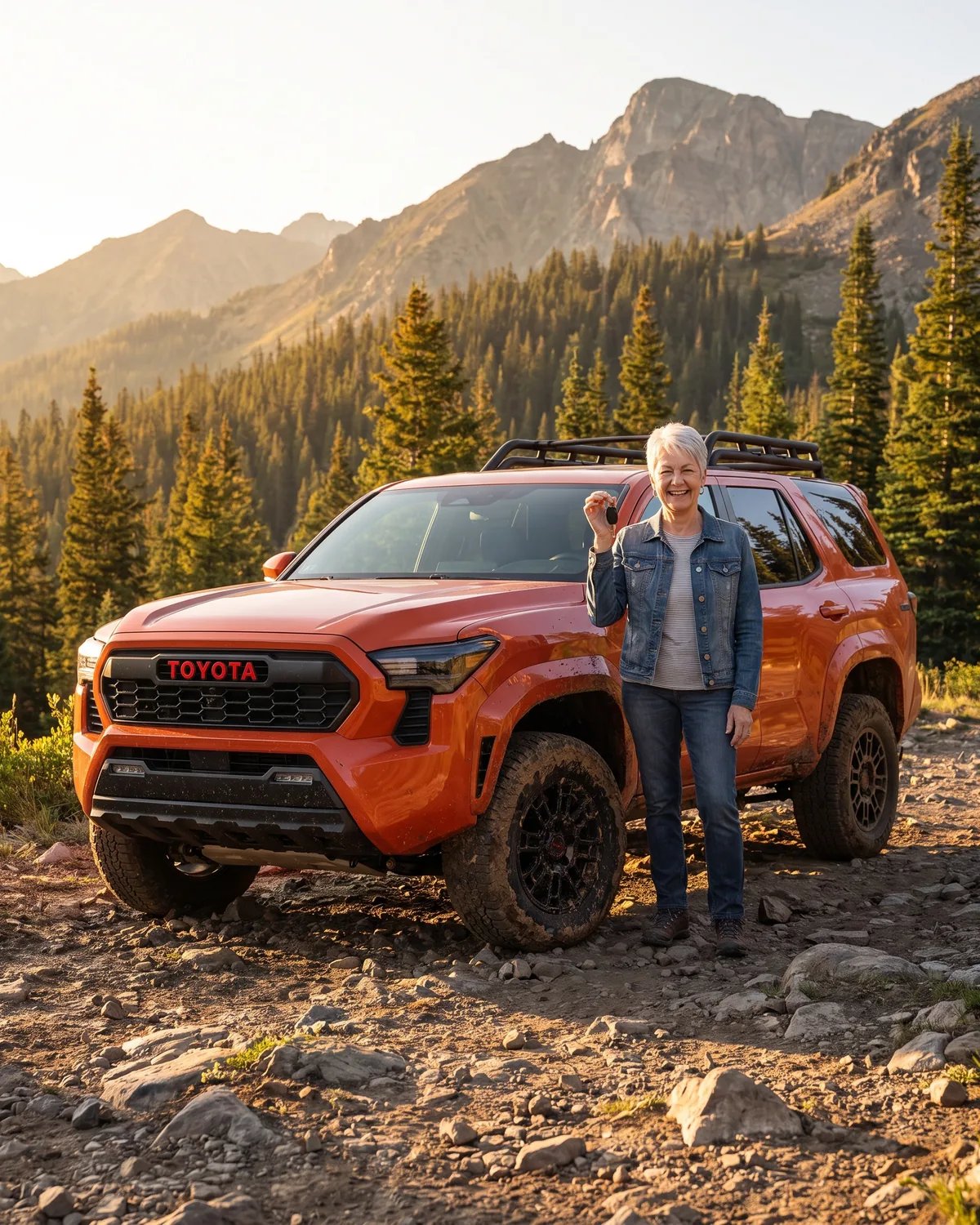 The guest beside an orange Toyota 4Runner on a mountain trail, holding up the key