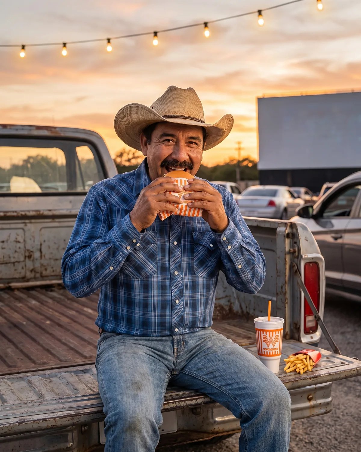 The guest on a pickup tailgate at a drive-in at sunset, biting into a Whataburger with fries and a drink beside him