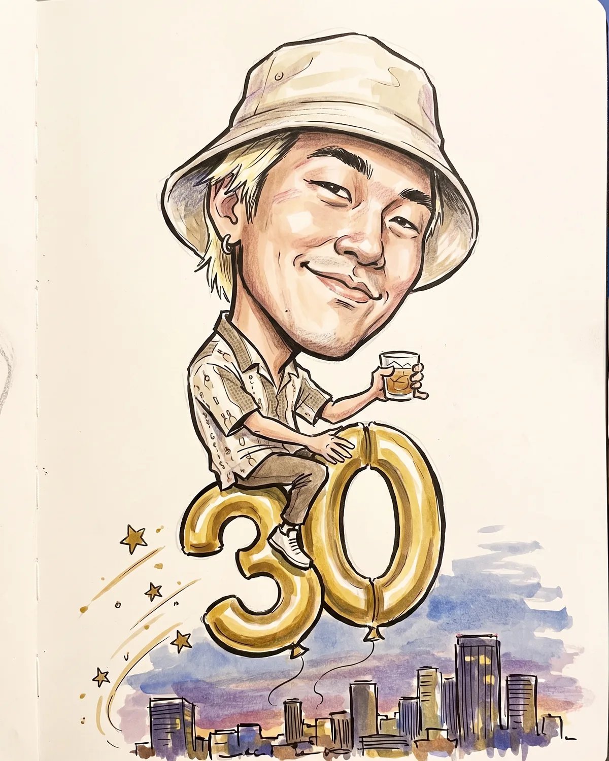 Caricature of the birthday guest in a bucket hat riding a gold number 30 balloon over a city skyline