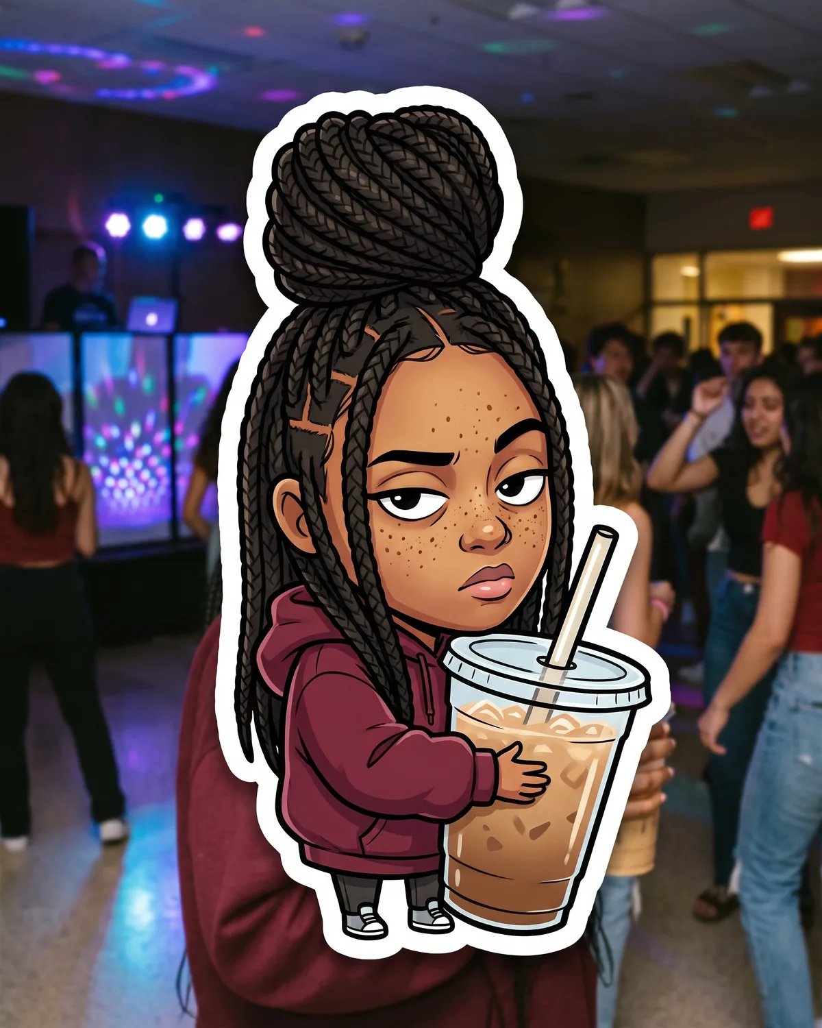 Sticker caricature of the student with a towering braided bun hugging a giant iced coffee