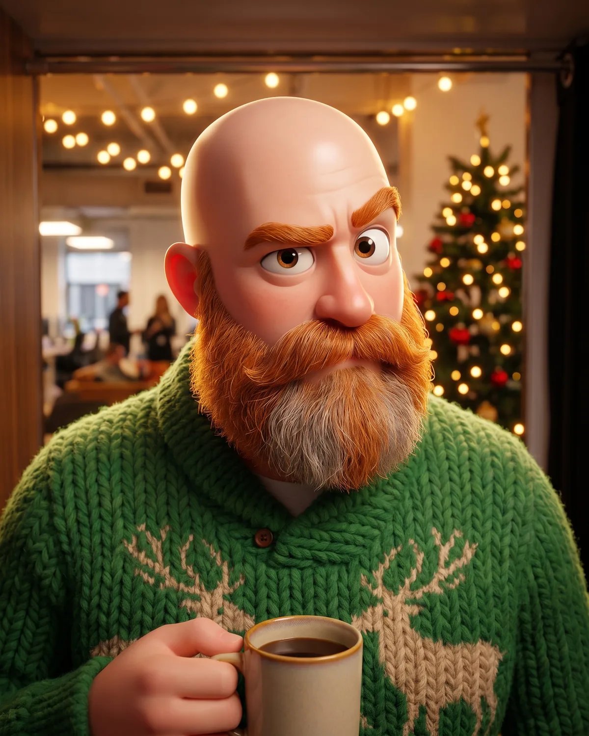 The guest as a 3D animated character in a plush knit reindeer sweater