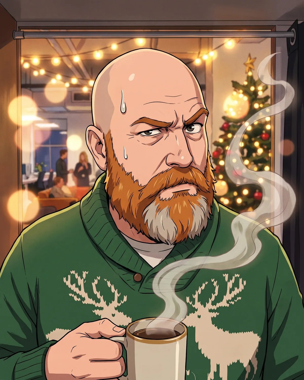 The guest as an anime character giving a suspicious side glance over his coffee