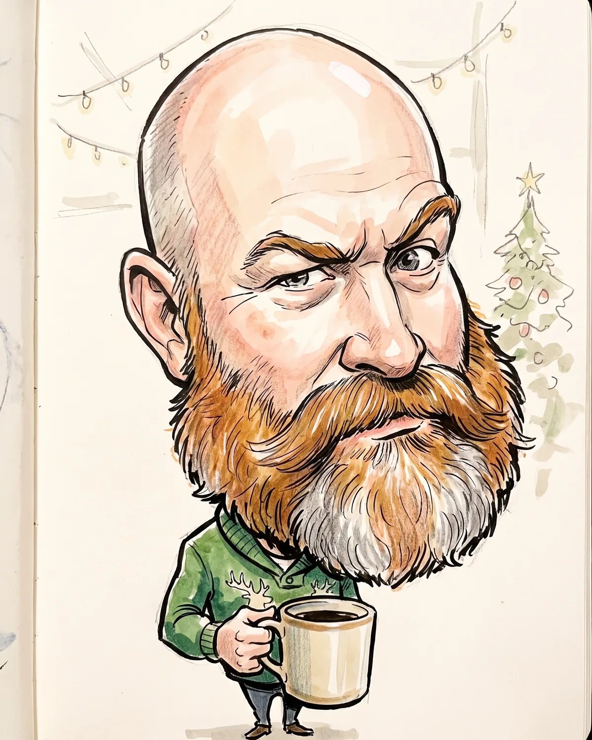 Marker and watercolor caricature of the same guest with a giant head, an enormous ginger beard and a huge coffee mug