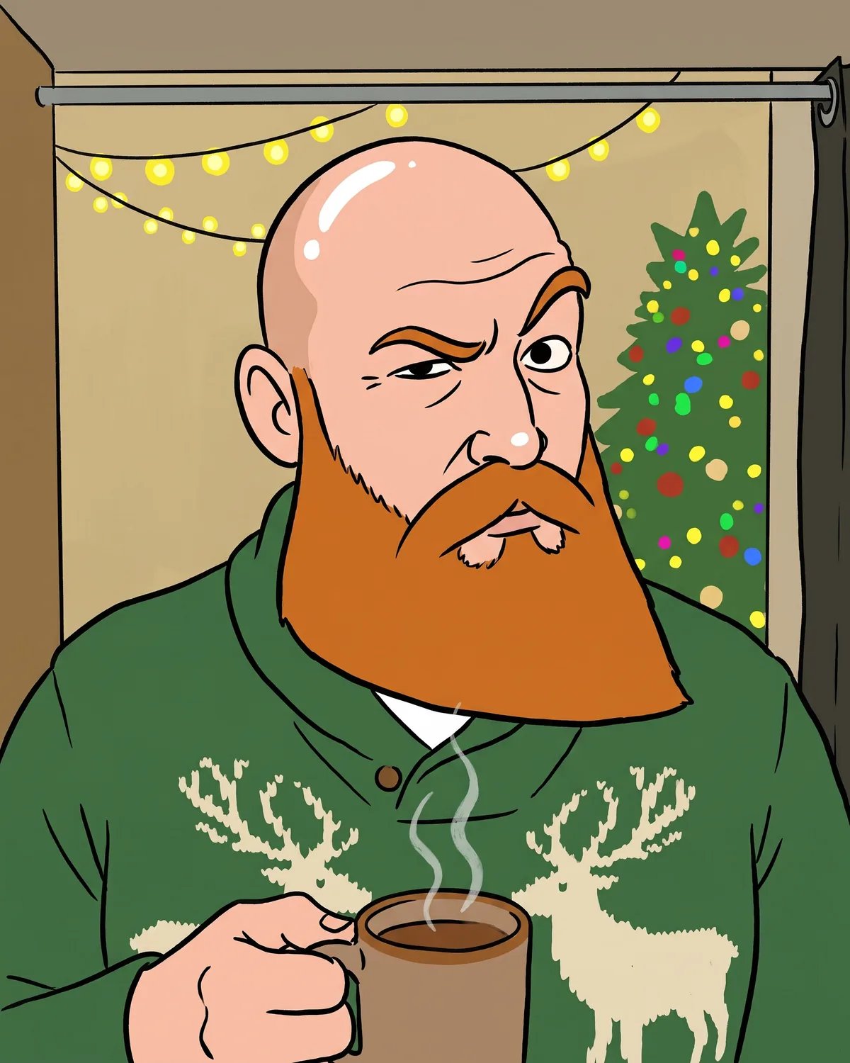 The guest as a 1990s TV cartoon with a giant triangular beard and a gleaming bald head