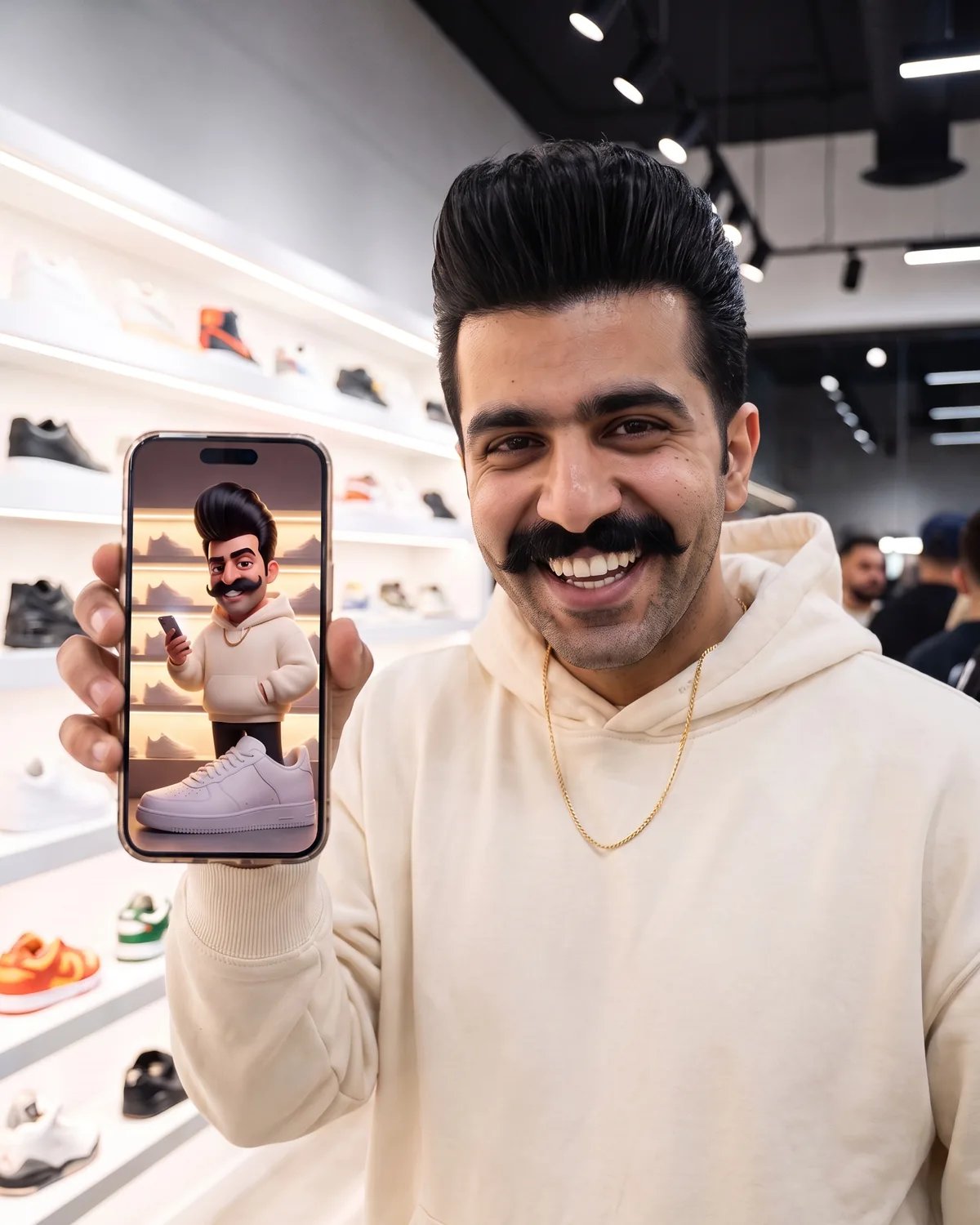A guest at a sneaker launch showing his 3D cartoon on his phone